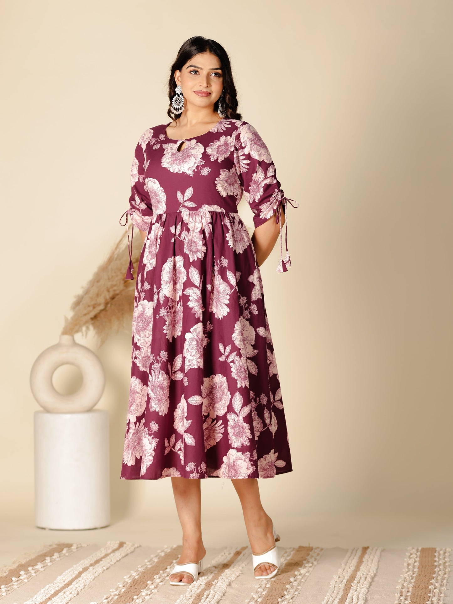 Soft Cotton Floral Flared Purple Dress