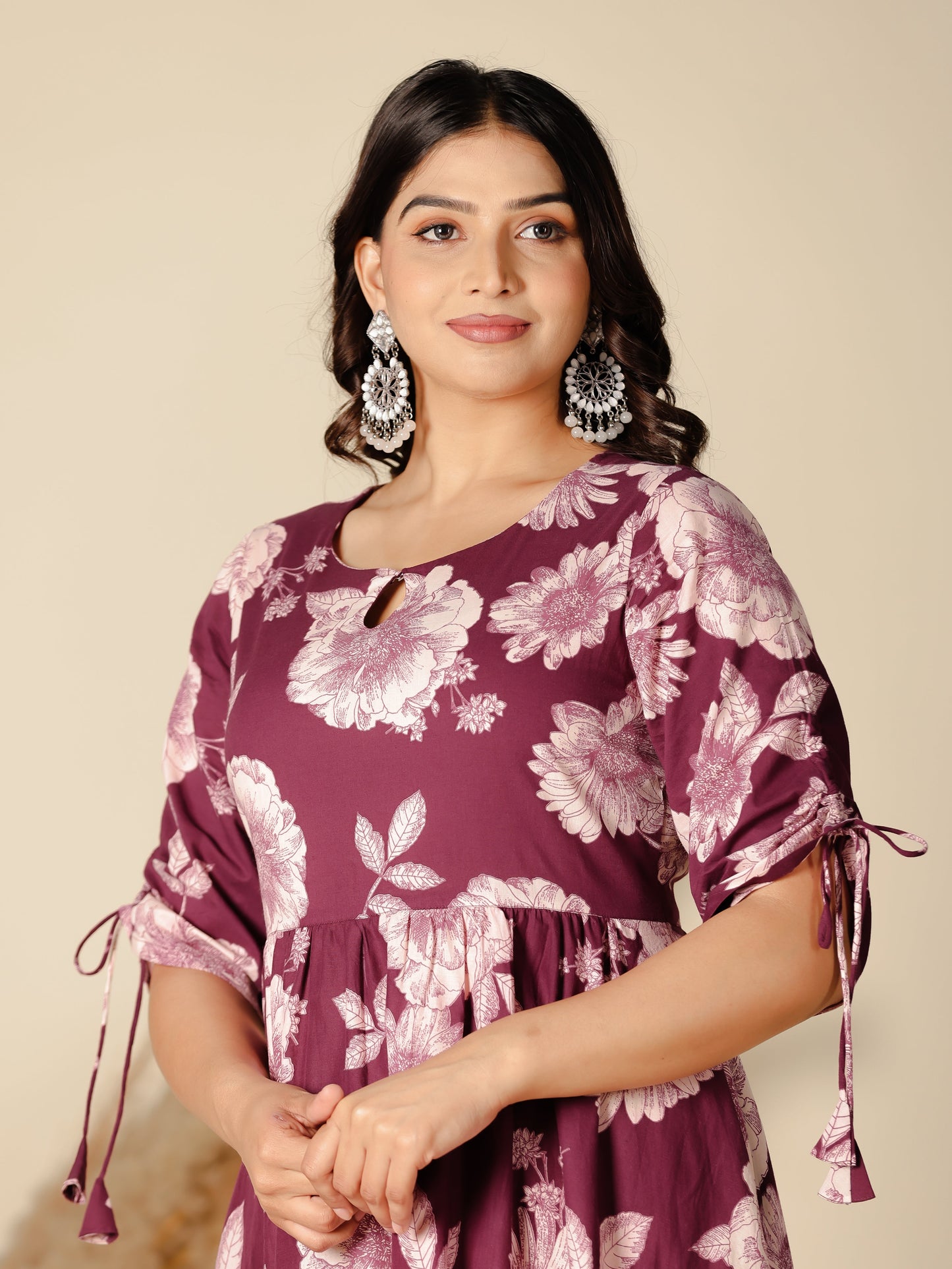 Soft Cotton Floral Flared Purple Dress