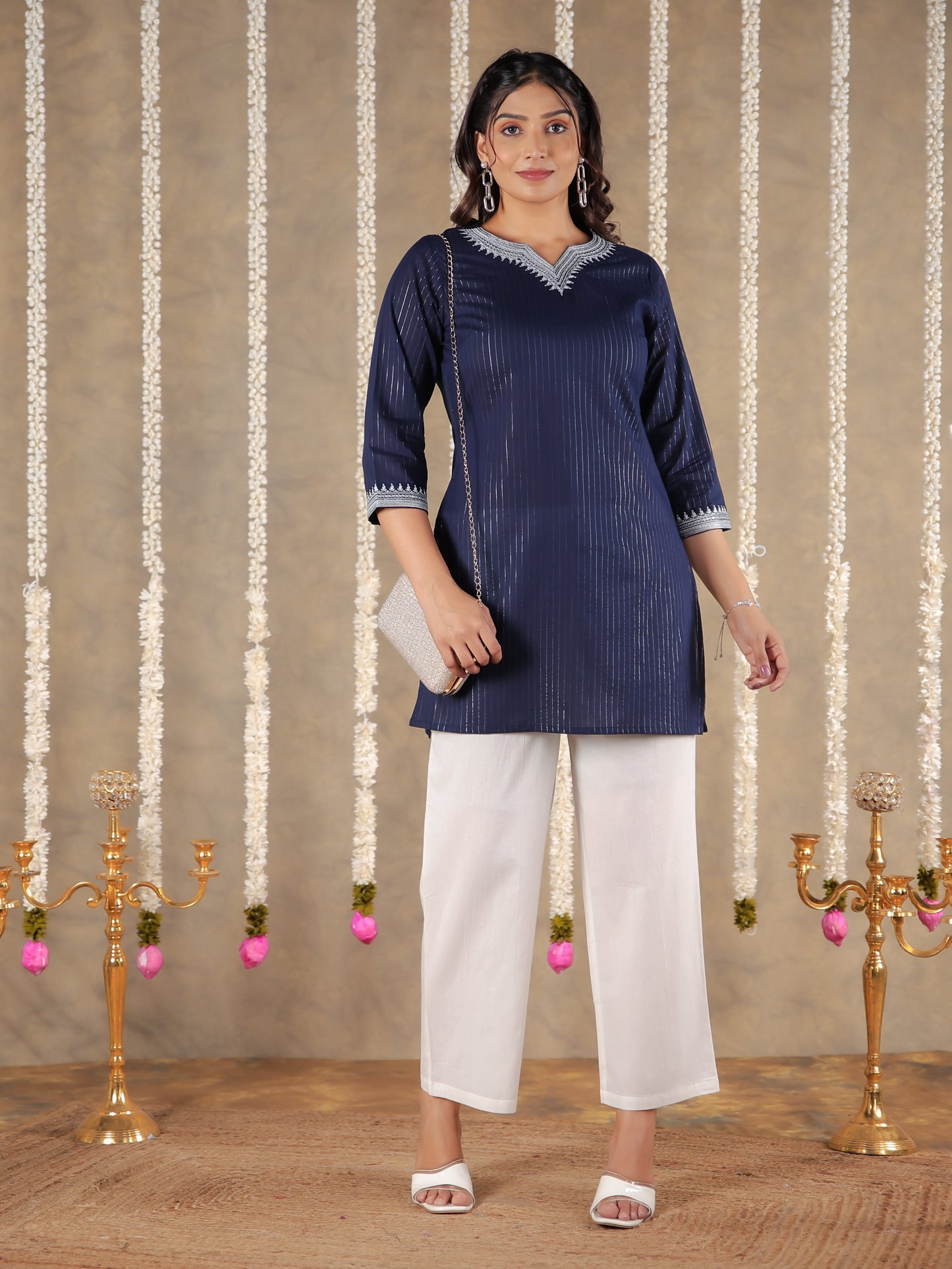 Lurex Cotton Solid Straight Blue Kurti