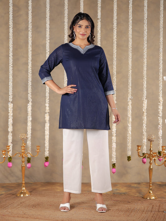Lurex Cotton Solid Straight Blue Kurti