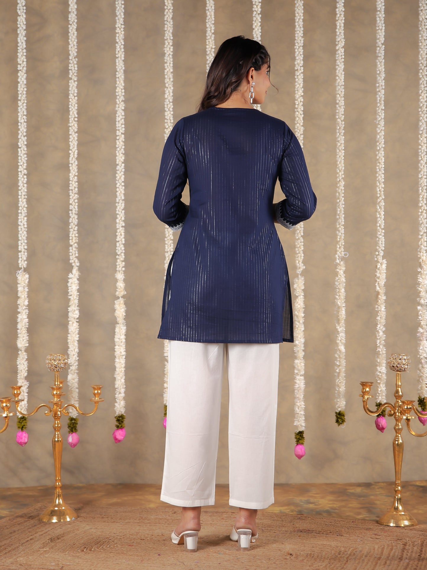 Lurex Cotton Solid Straight Blue Kurti