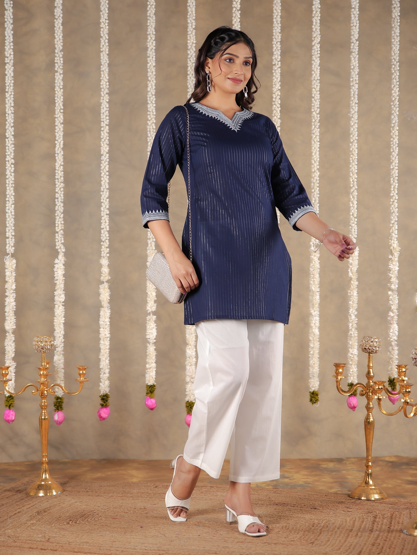 Lurex Cotton Solid Straight Blue Kurti