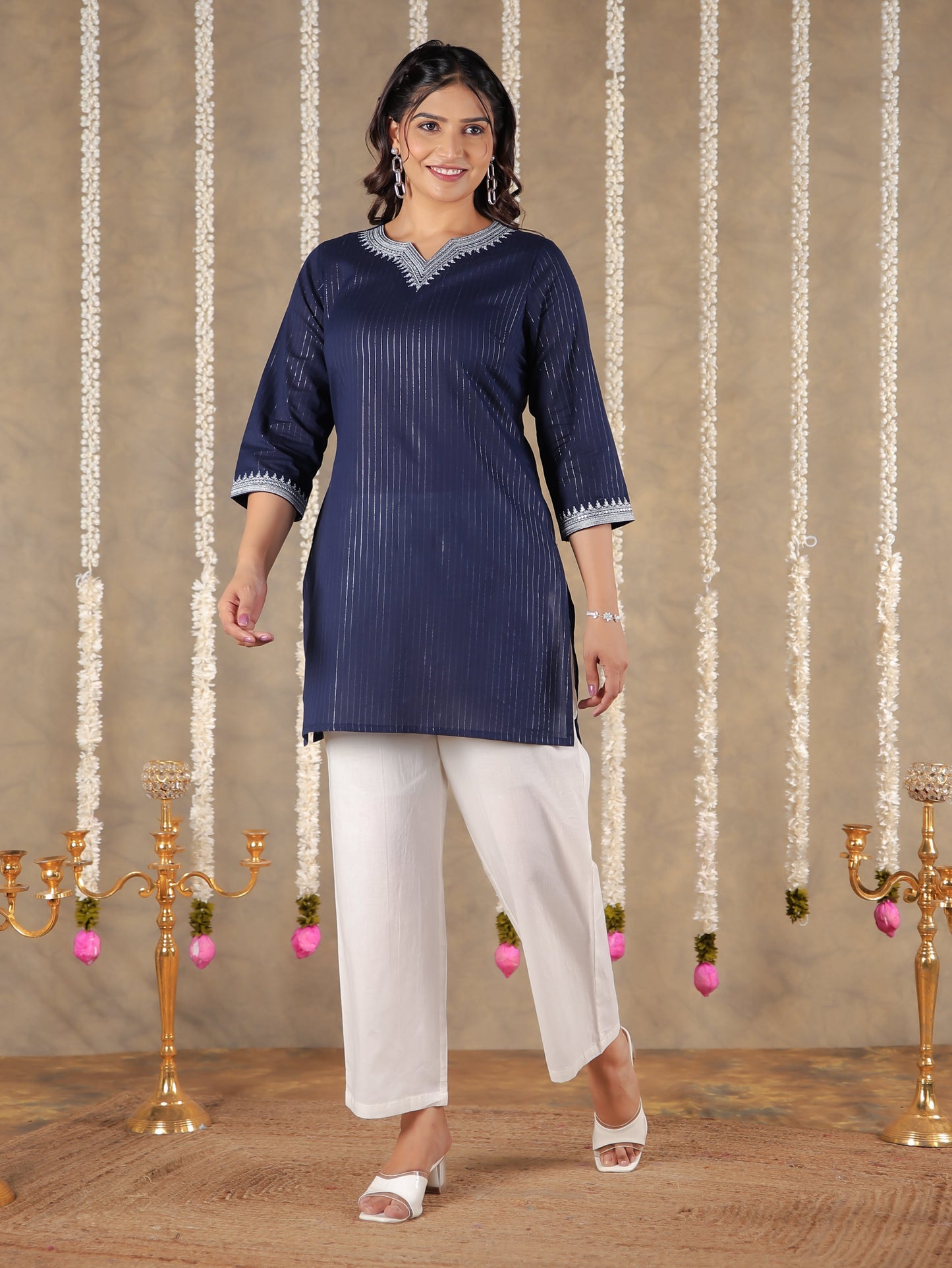 Lurex Cotton Solid Straight Blue Kurti