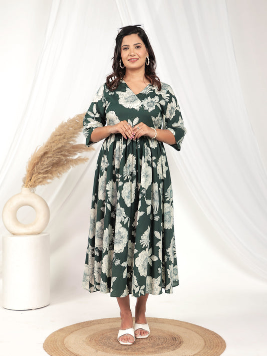 Soft Cotton Floral Angrakha Green Dress