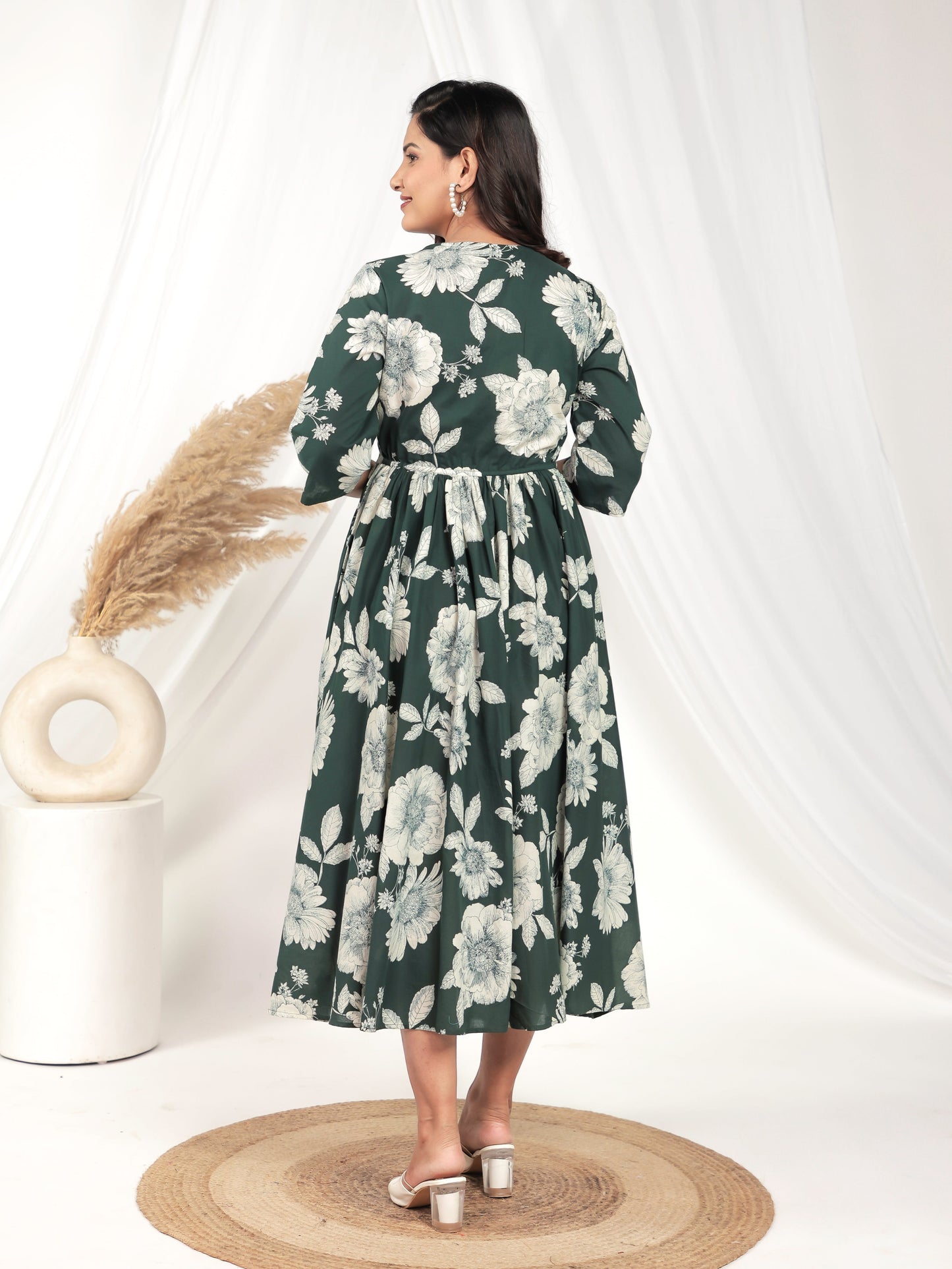 Soft Cotton Floral Angrakha Green Dress