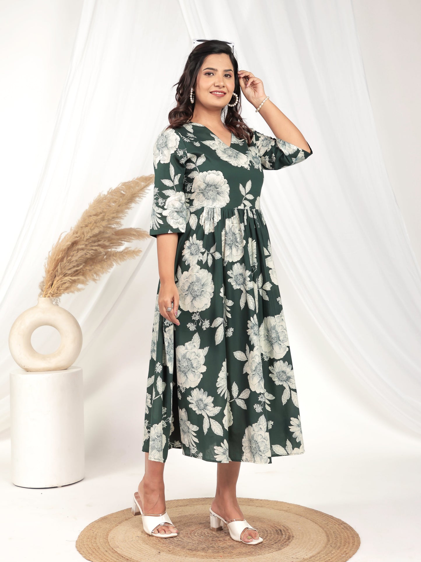Soft Cotton Floral Angrakha Green Dress