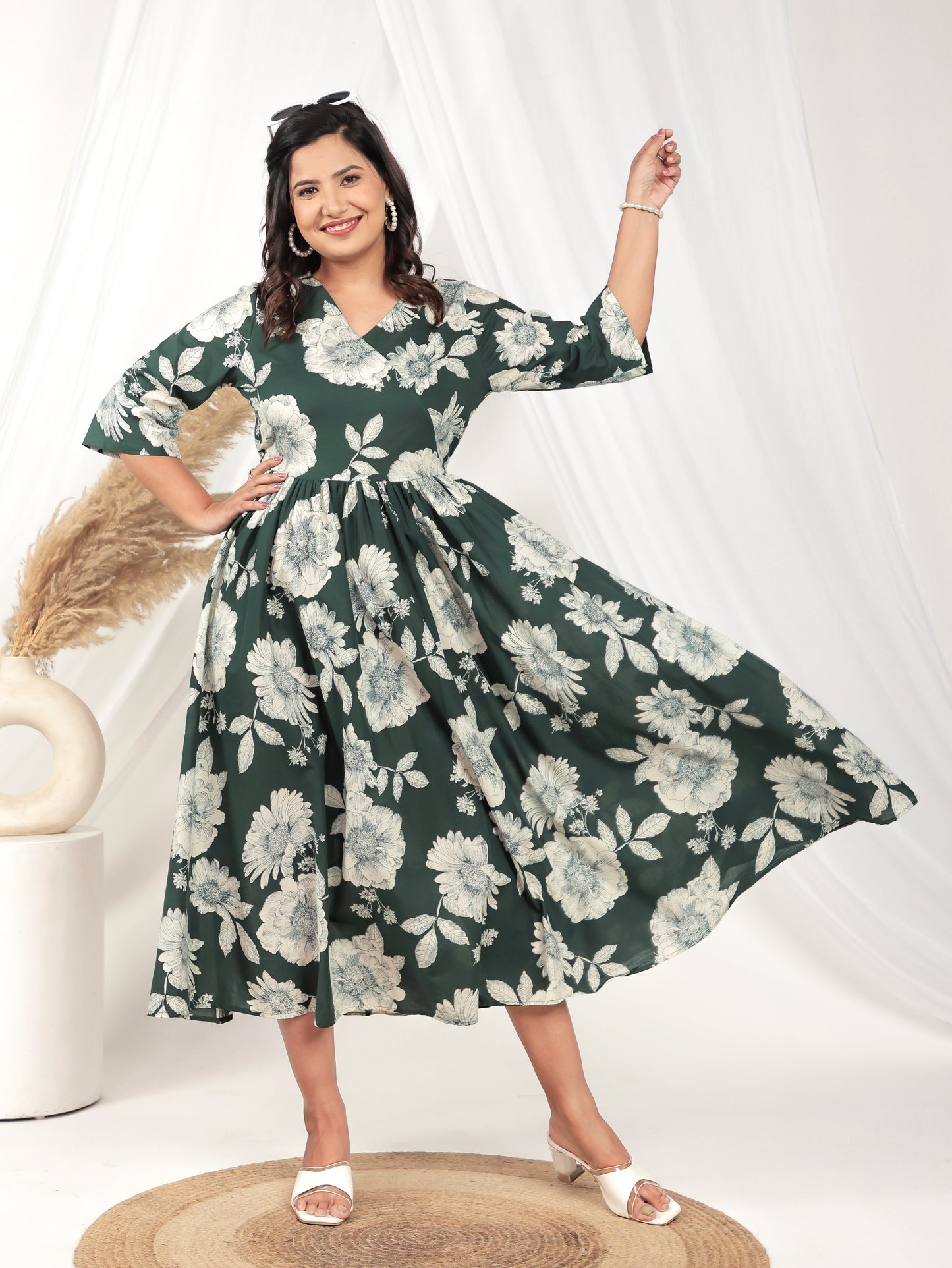 Soft Cotton Floral Angrakha Green Dress
