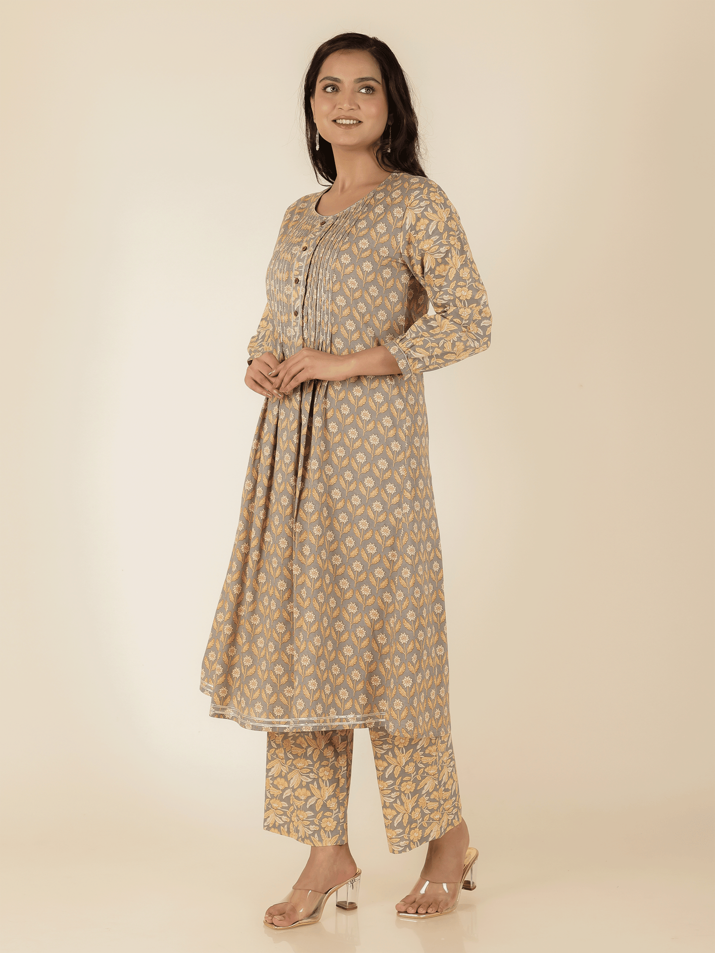 Soft Cotton Floral A-line Grey Kurta