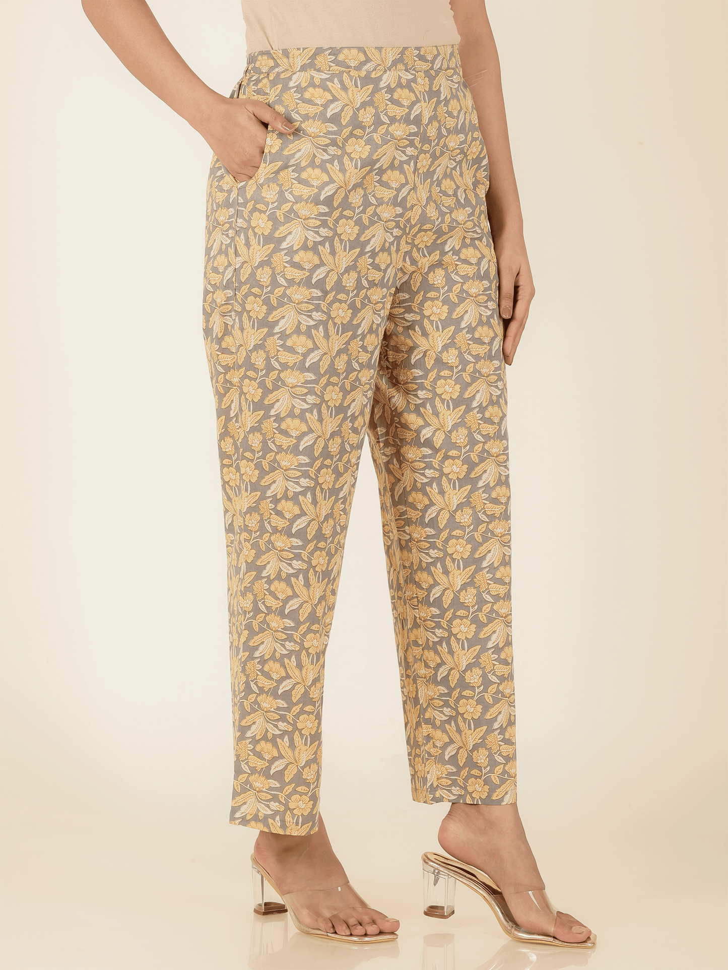 Soft Cotton Floral A-line Grey Kurta