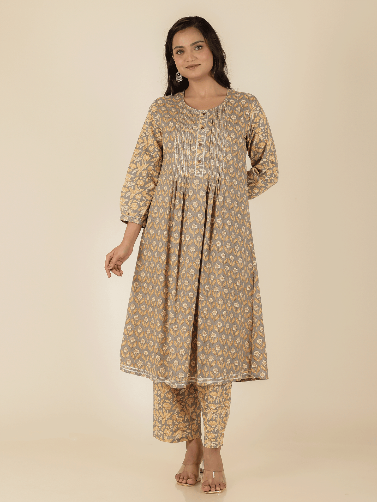 Soft Cotton Floral A-line Grey Kurta