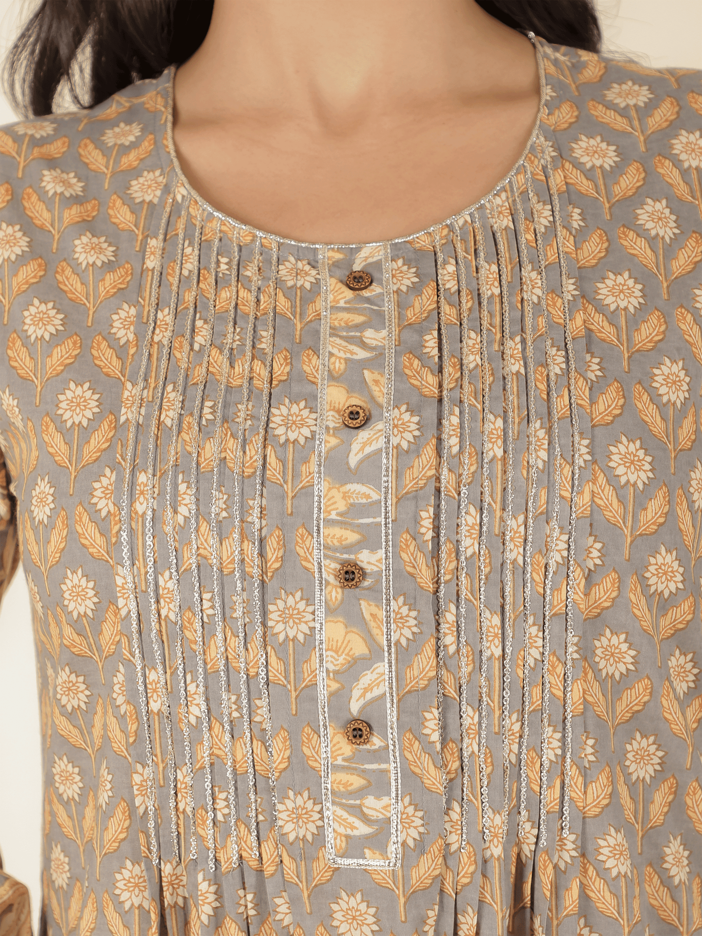 Soft Cotton Floral A-line Grey Kurta