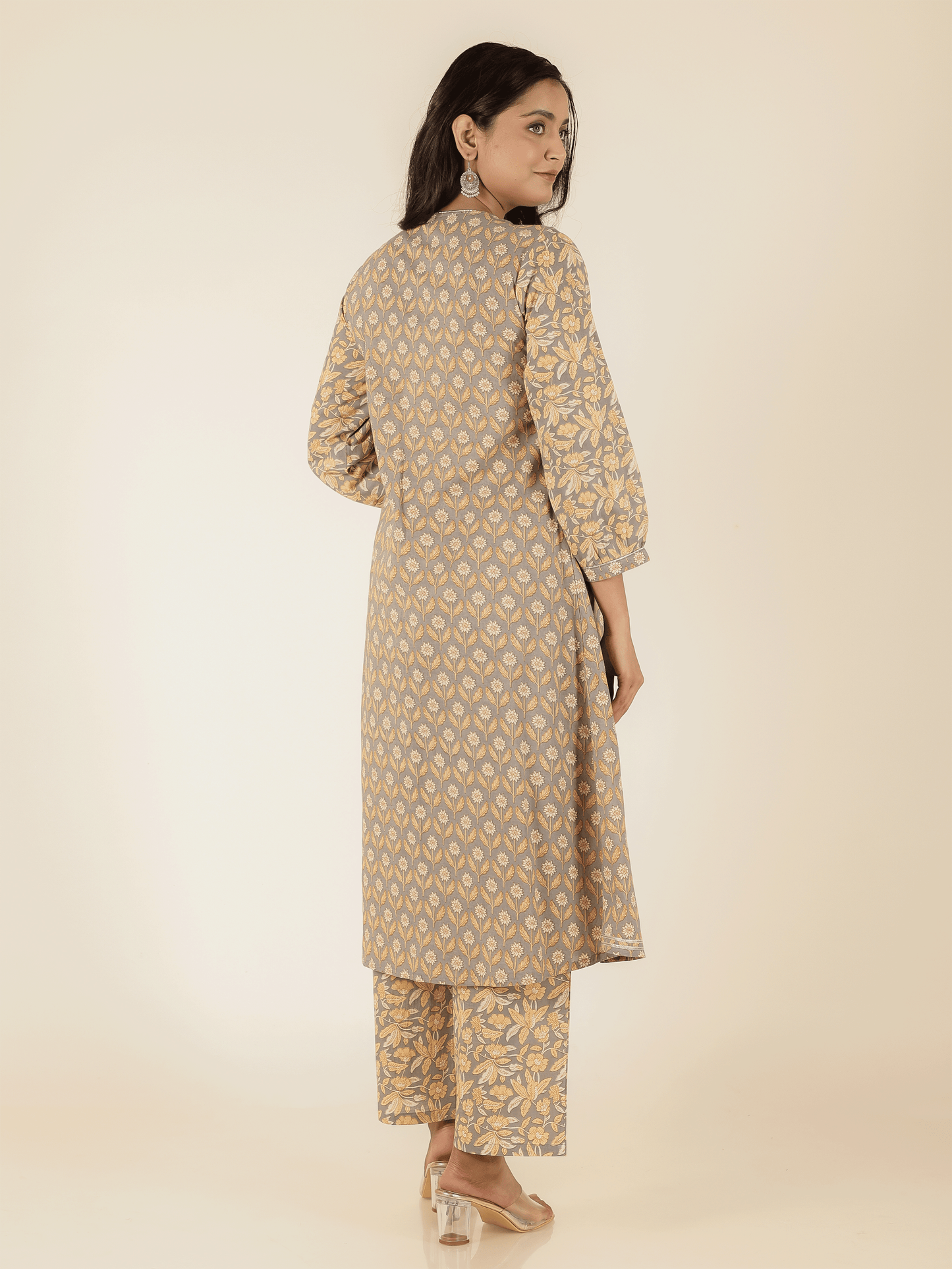 Soft Cotton Floral A-line Grey Kurta