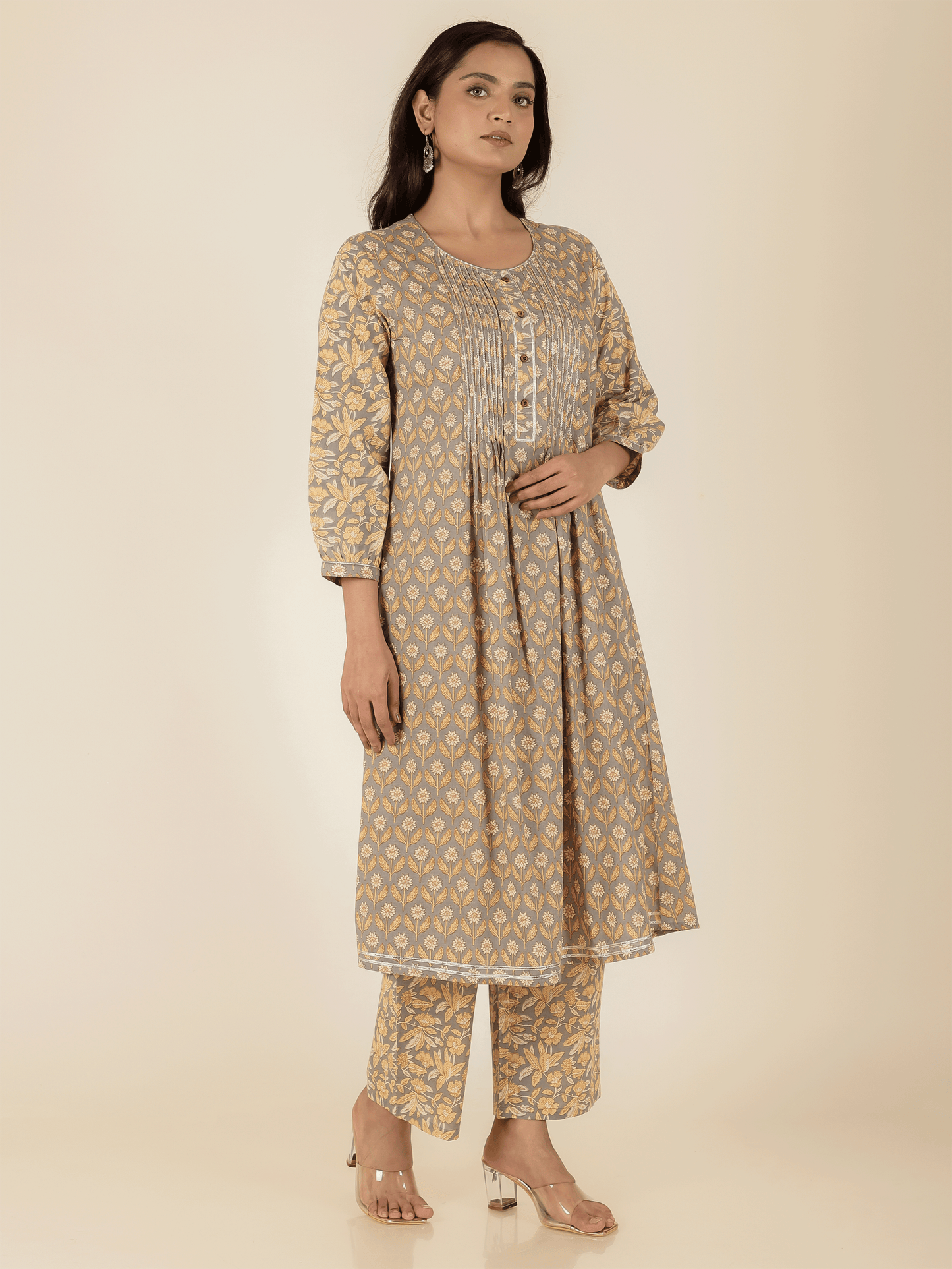 Soft Cotton Floral A-line Grey Kurta