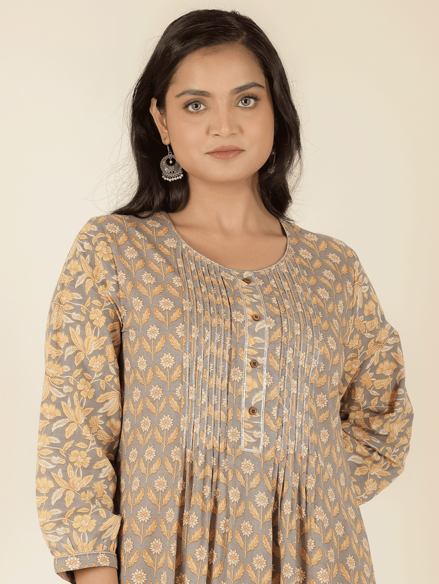 Soft Cotton Floral A-line Grey Kurta