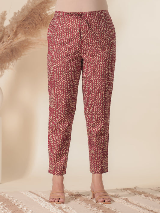 Soft Cotton Geometric Red Tapered Trousers