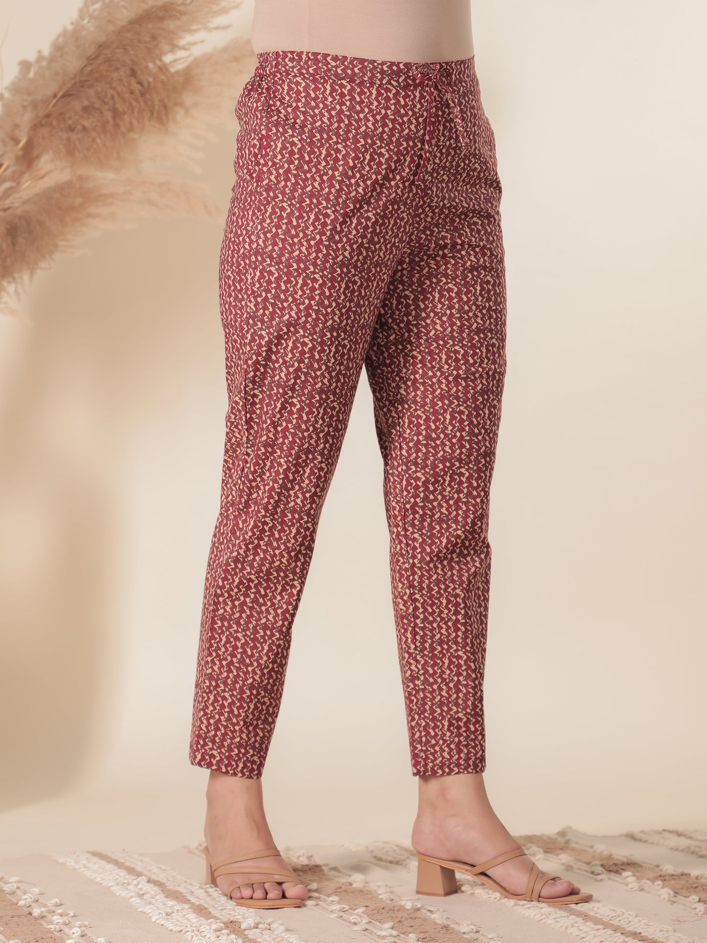 Soft Cotton Geometric Red Tapered Trousers