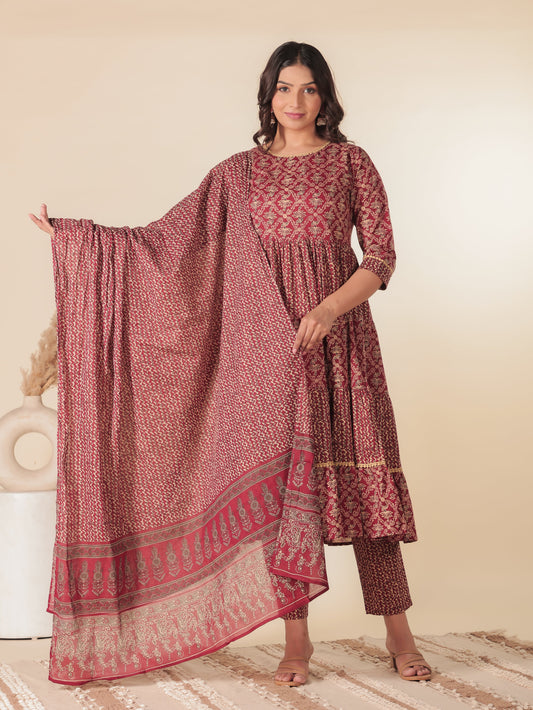 Voile Cotton Geometric Red Dupatta