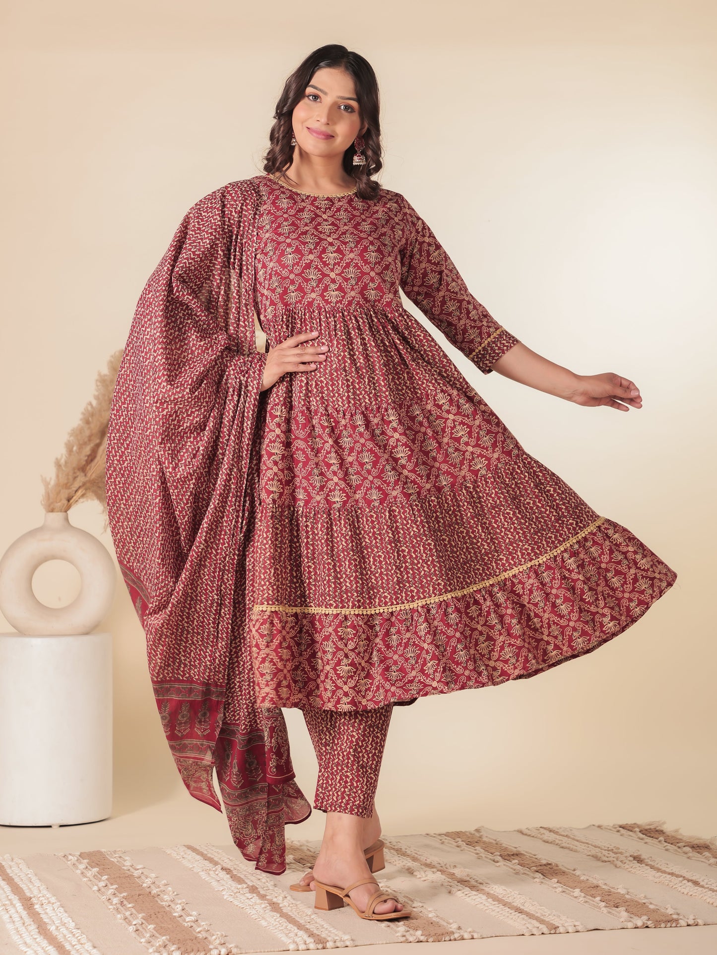 Soft Cotton Floral Anarkali Red Kurta