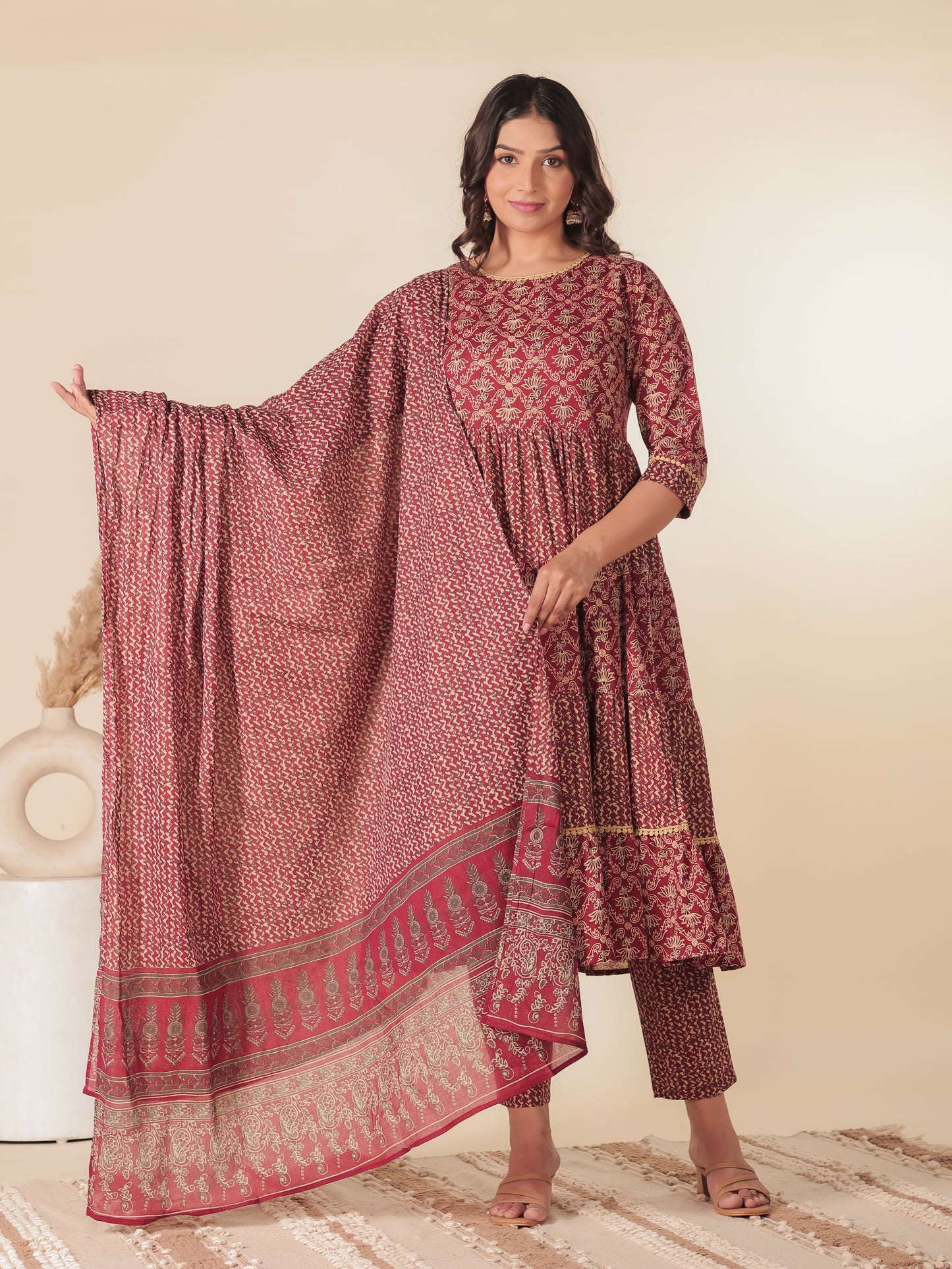 Soft Cotton Floral Anarkali Red Kurta