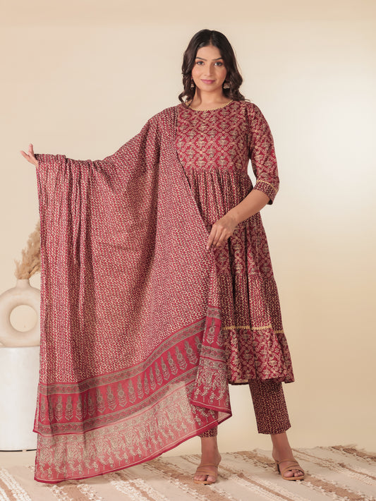 Soft Cotton Floral Anarkali Red Kurta