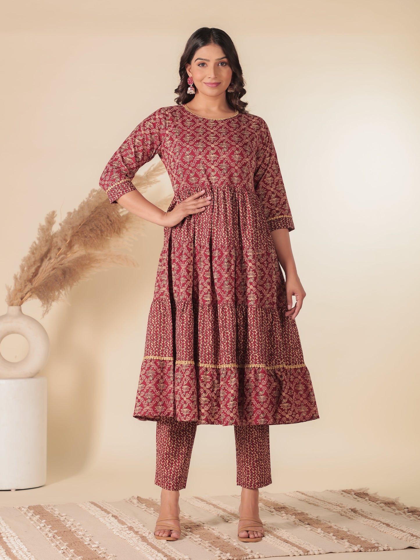 Soft Cotton Floral Anarkali Red Kurta