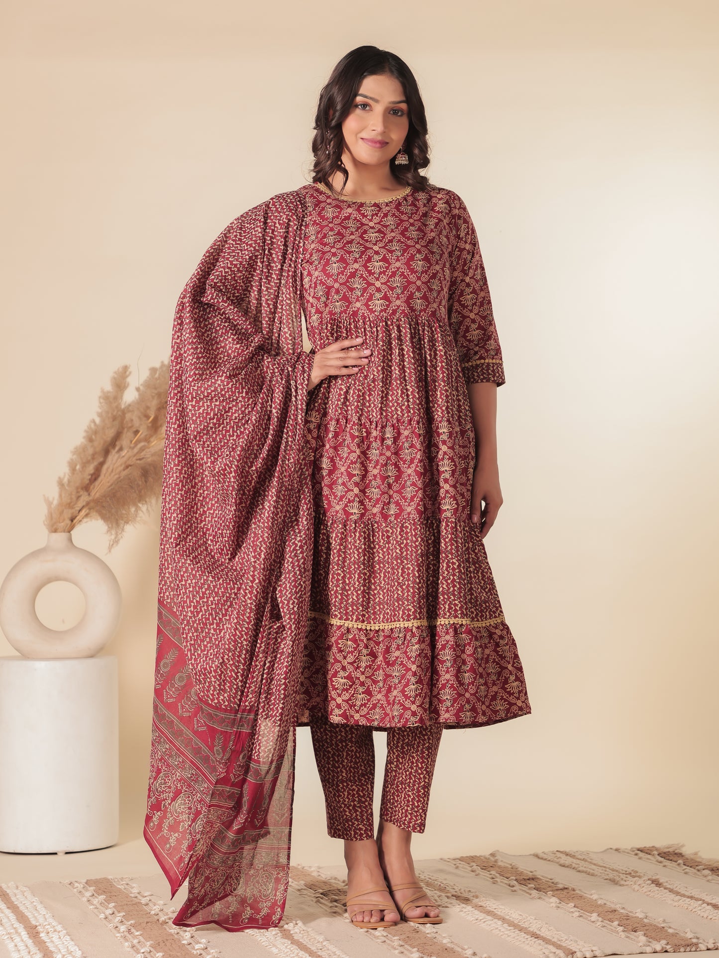 Soft Cotton Floral Anarkali Red Kurta