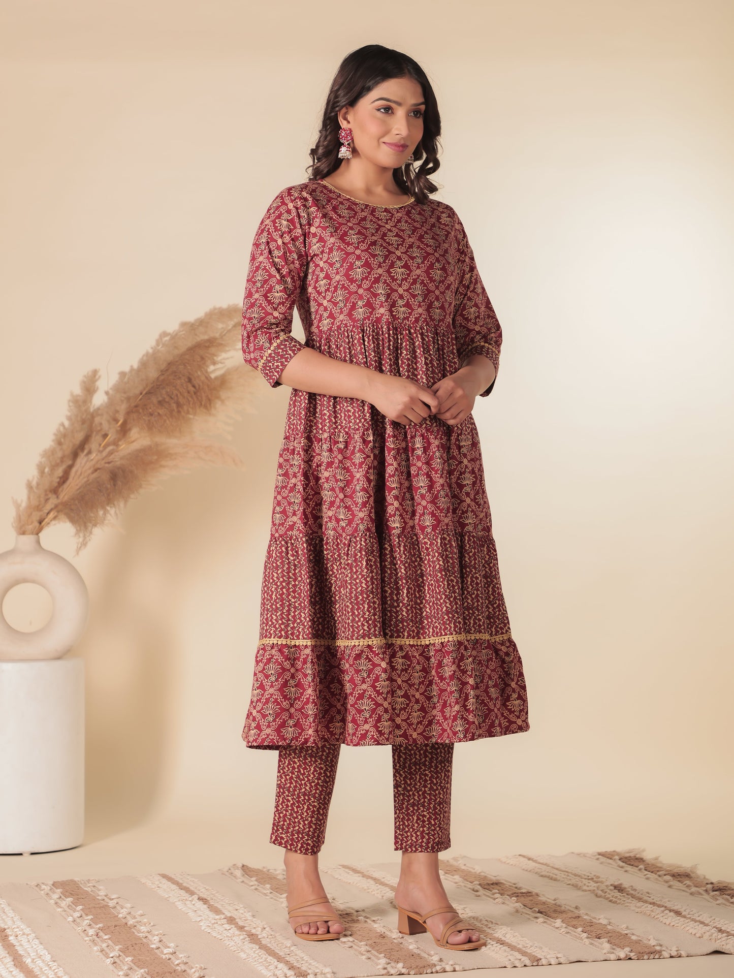 Soft Cotton Floral Anarkali Red Kurta