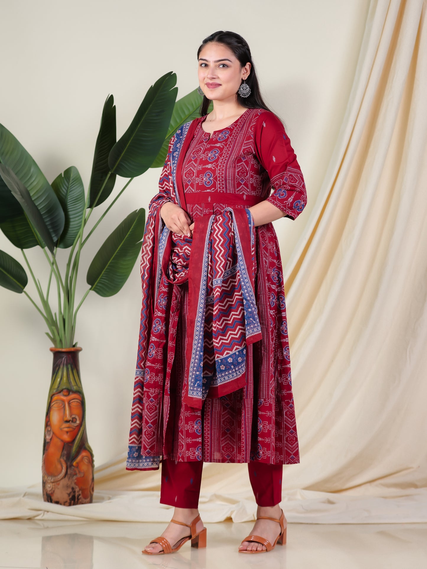 Soft Cotton Ikat Anarkali Maroon Kurta