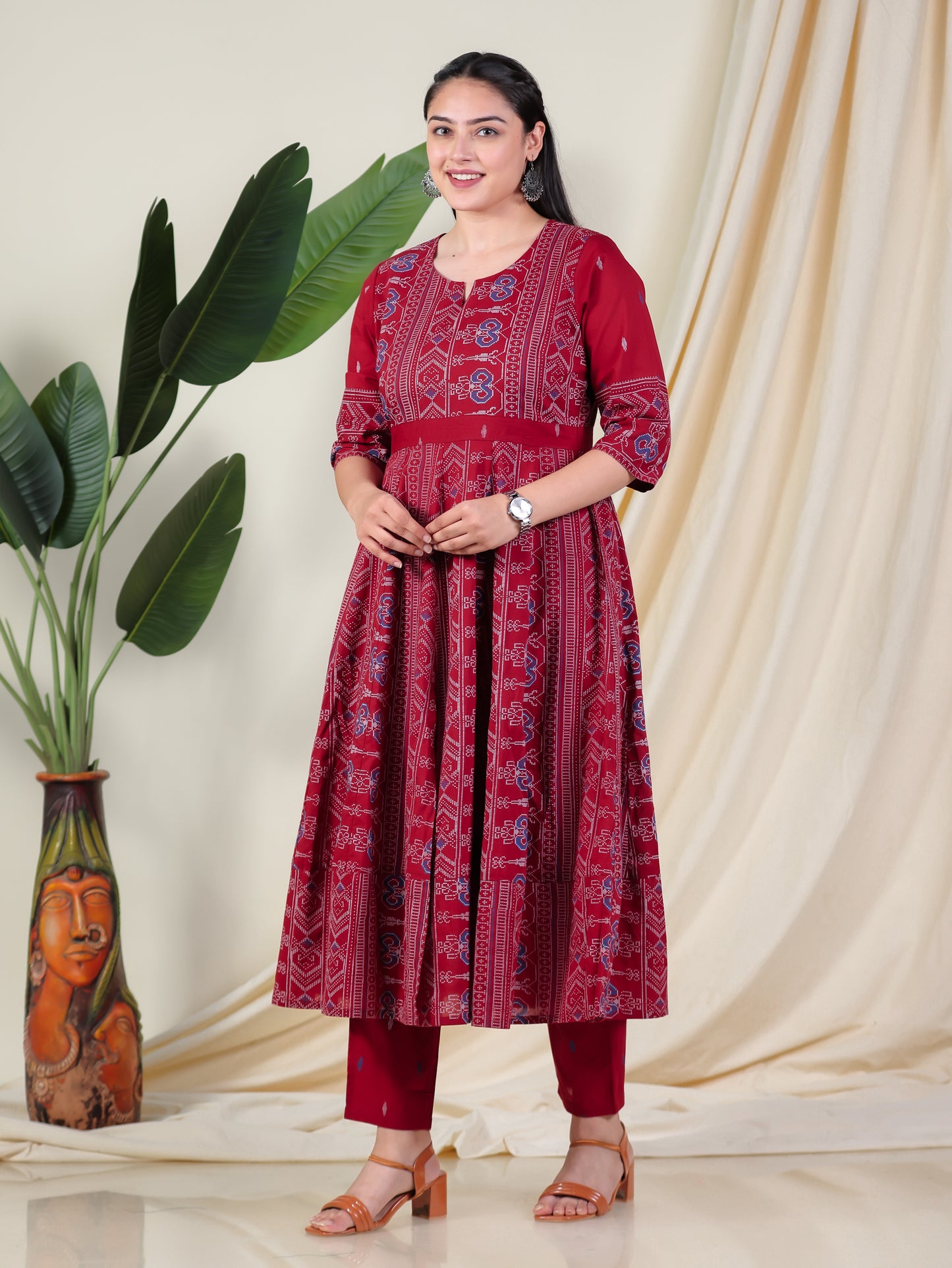 Soft Cotton Ikat Anarkali Maroon Kurta