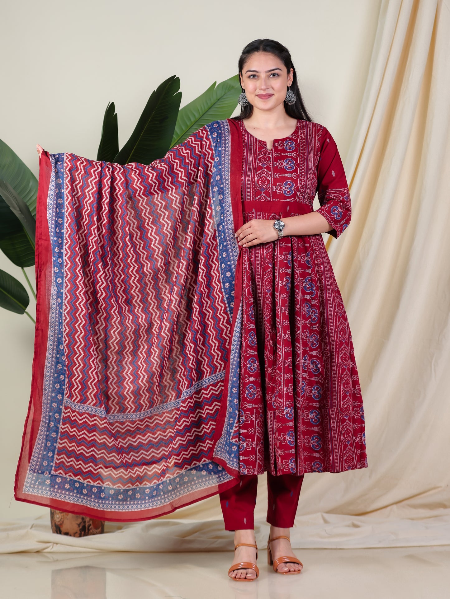 Soft Cotton Ikat Anarkali Maroon Kurta
