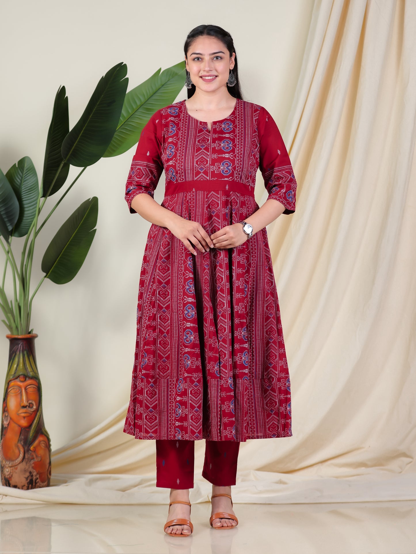 Soft Cotton Ikat Anarkali Maroon Kurta