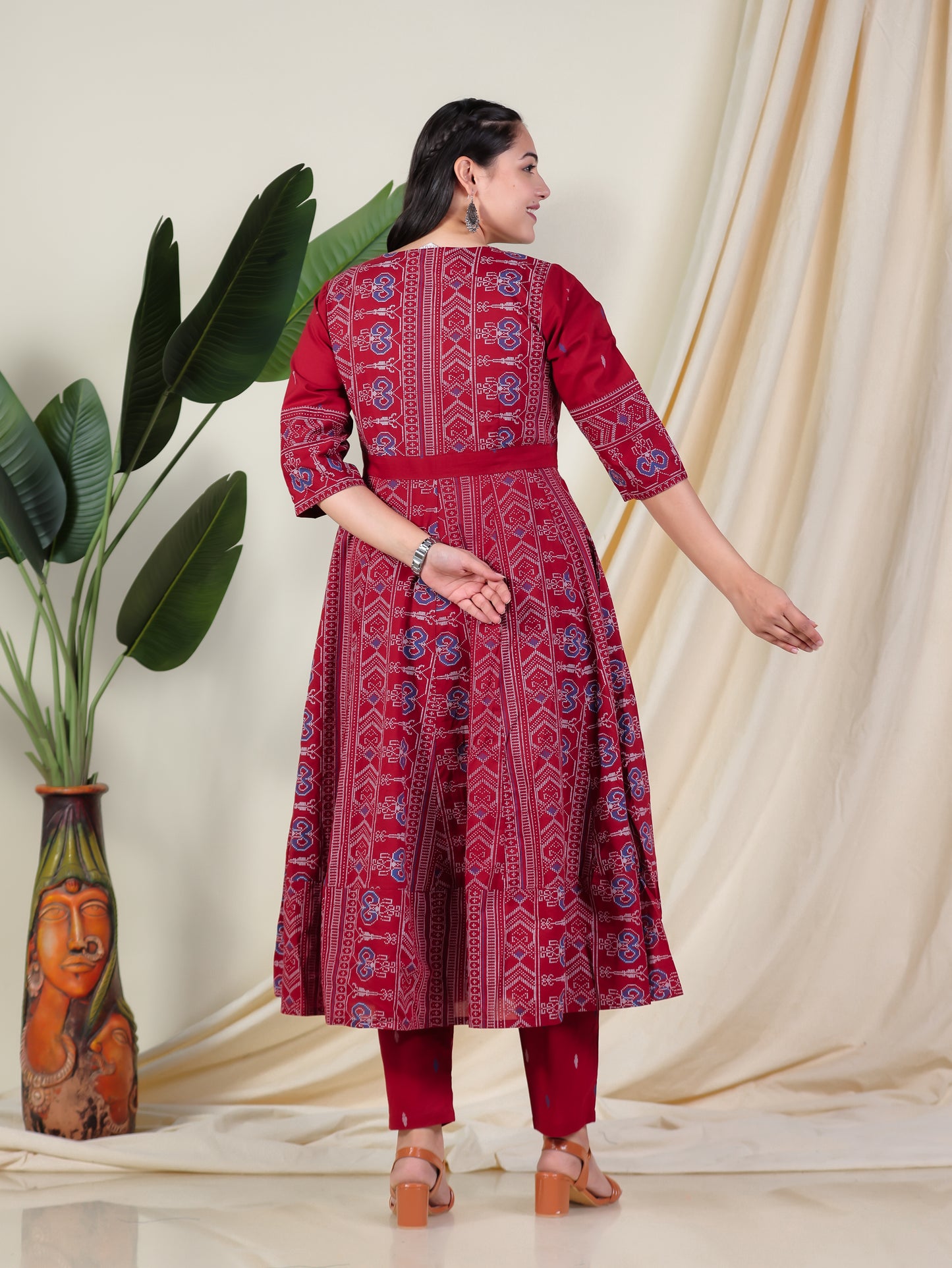 Soft Cotton Ikat Anarkali Maroon Kurta