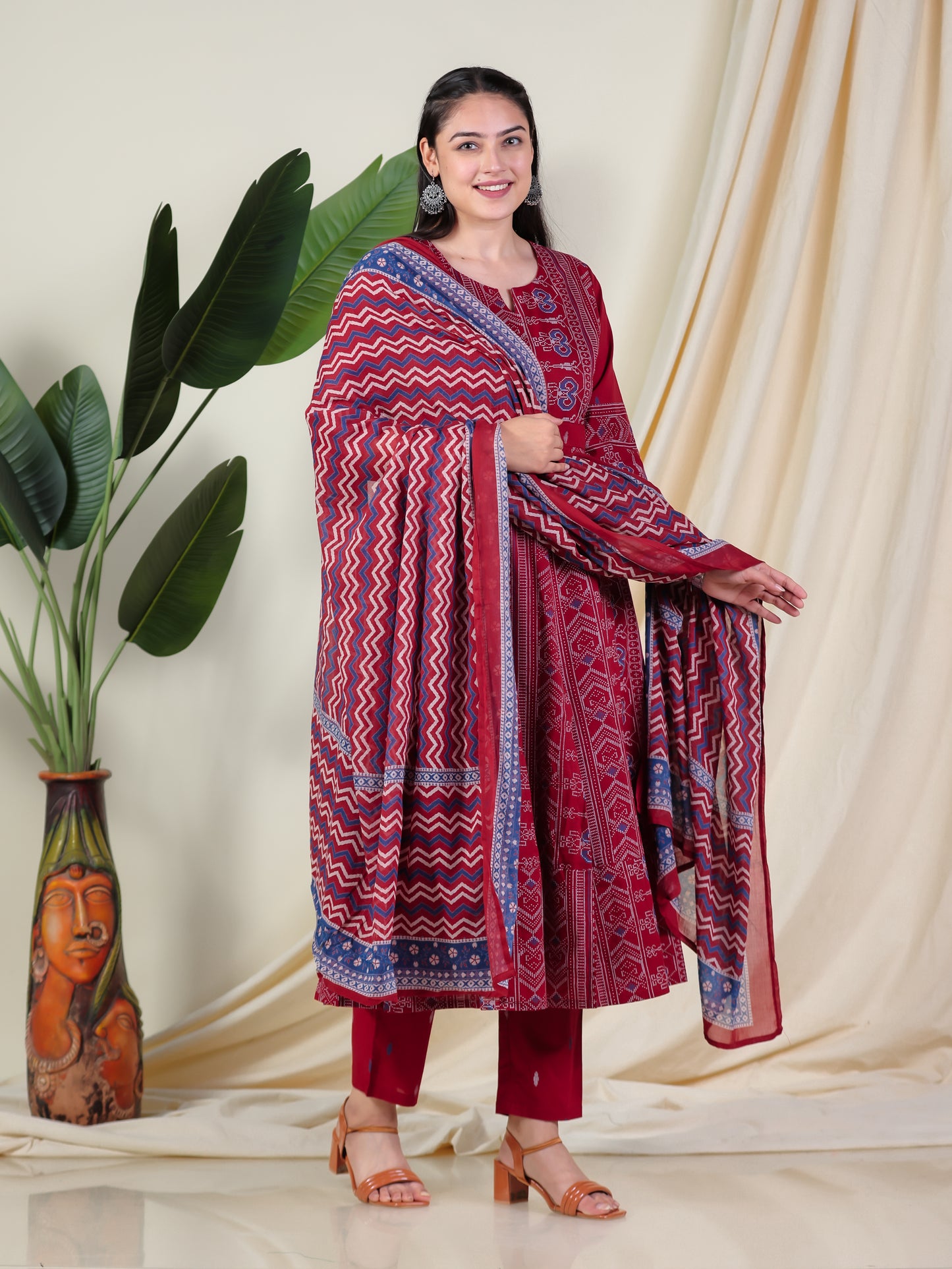 Soft Cotton Ikat Anarkali Maroon Kurta