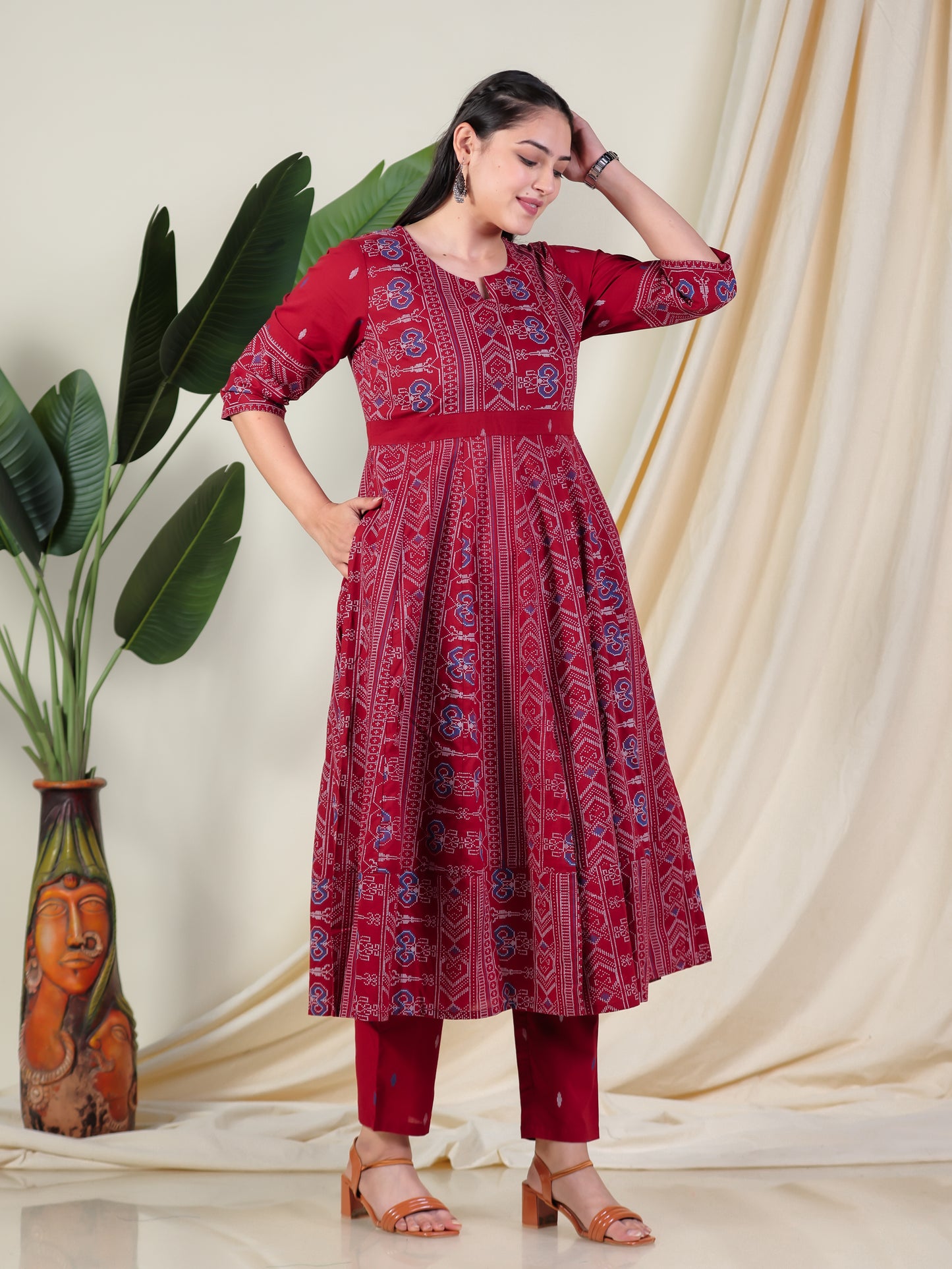Soft Cotton Ikat Anarkali Maroon Kurta