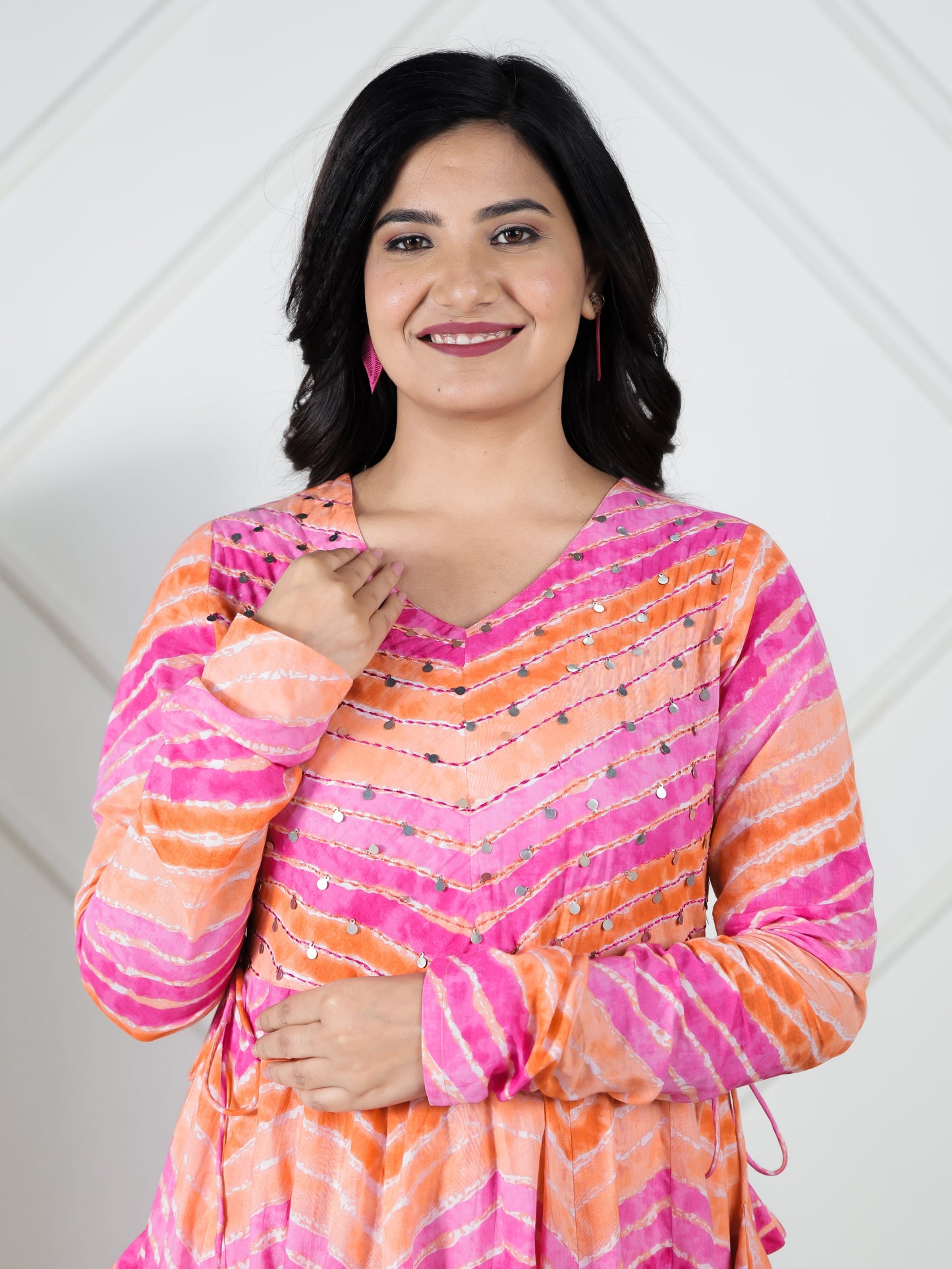Embroidered Soft Cotton Leheriya Anarkali Multicolor Kurta