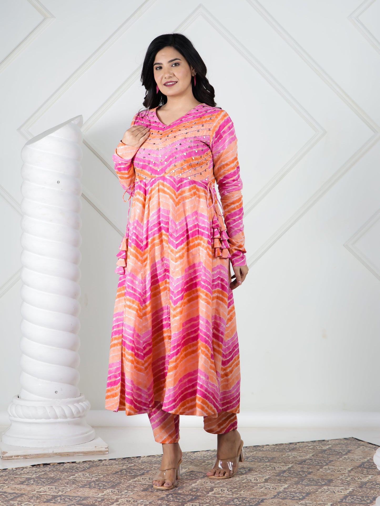 Embroidered Soft Cotton Leheriya Anarkali Multicolor Kurta