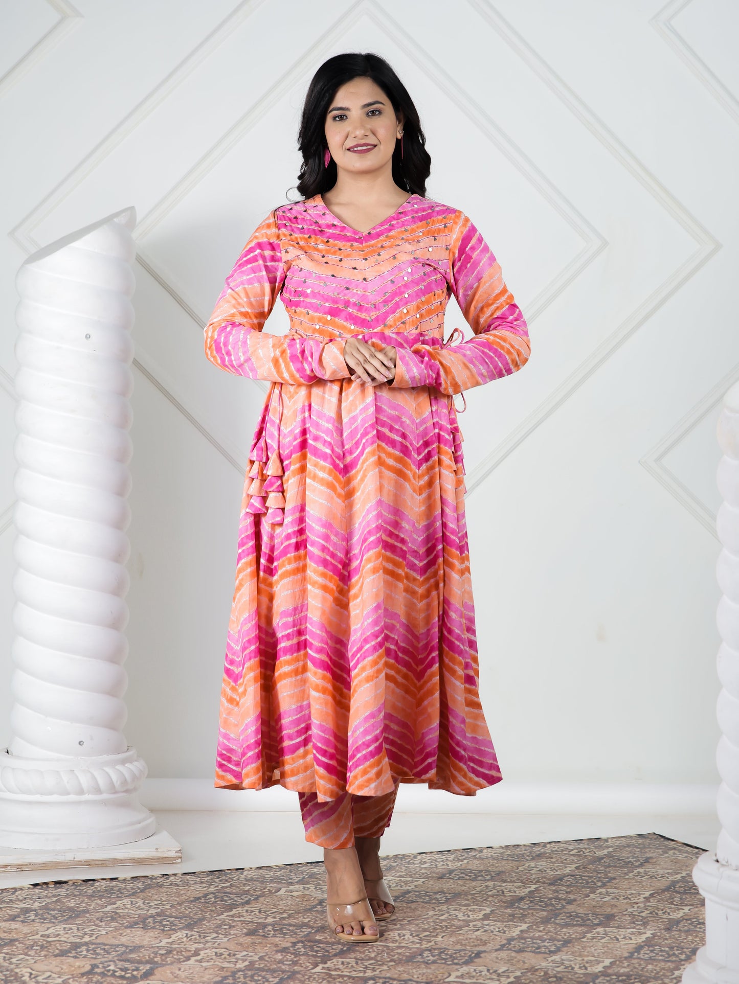 Embroidered Soft Cotton Leheriya Anarkali Multicolor Kurta