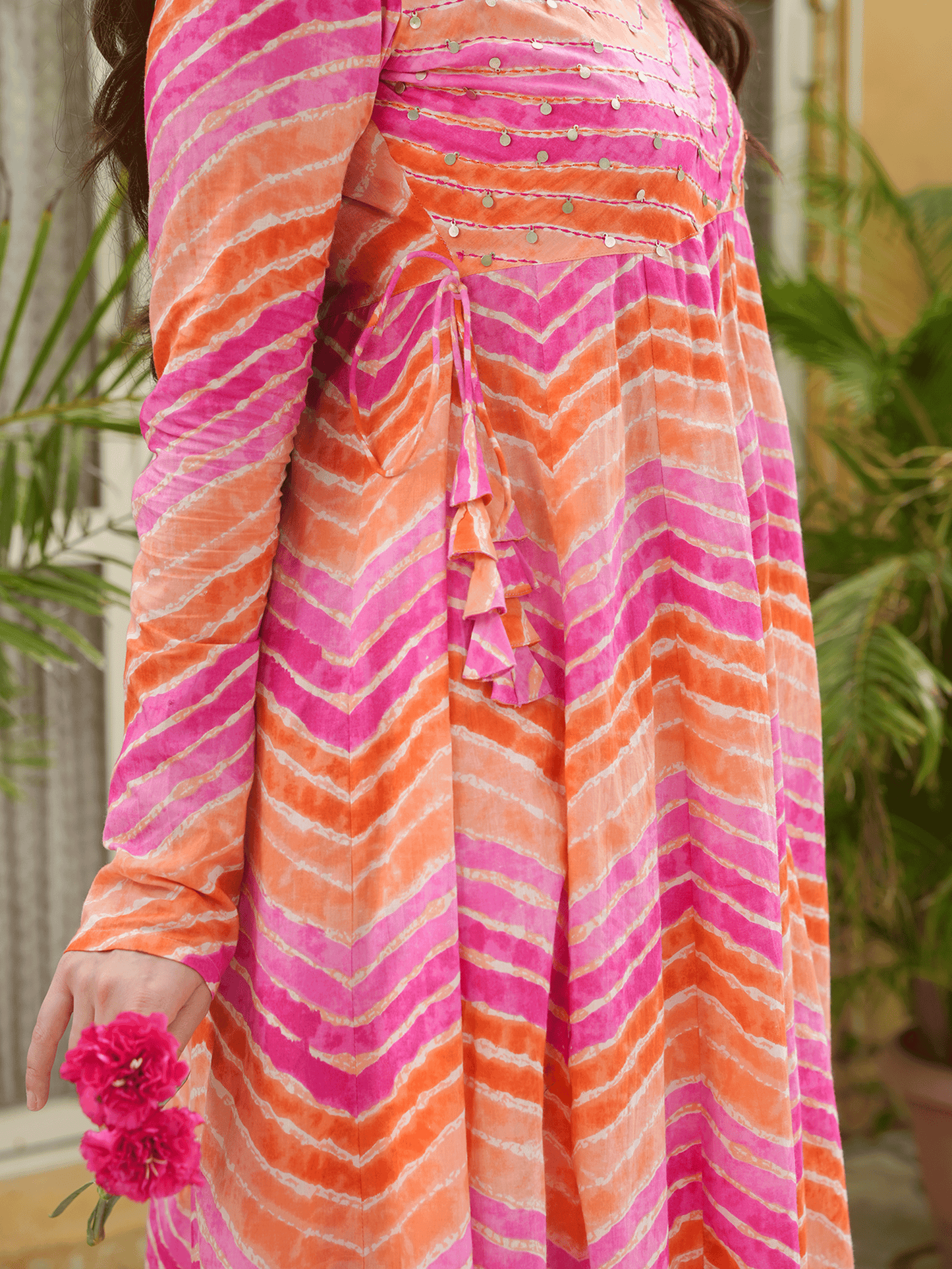 Embroidered Soft Cotton Striped Anarkali Multicolor Kurta