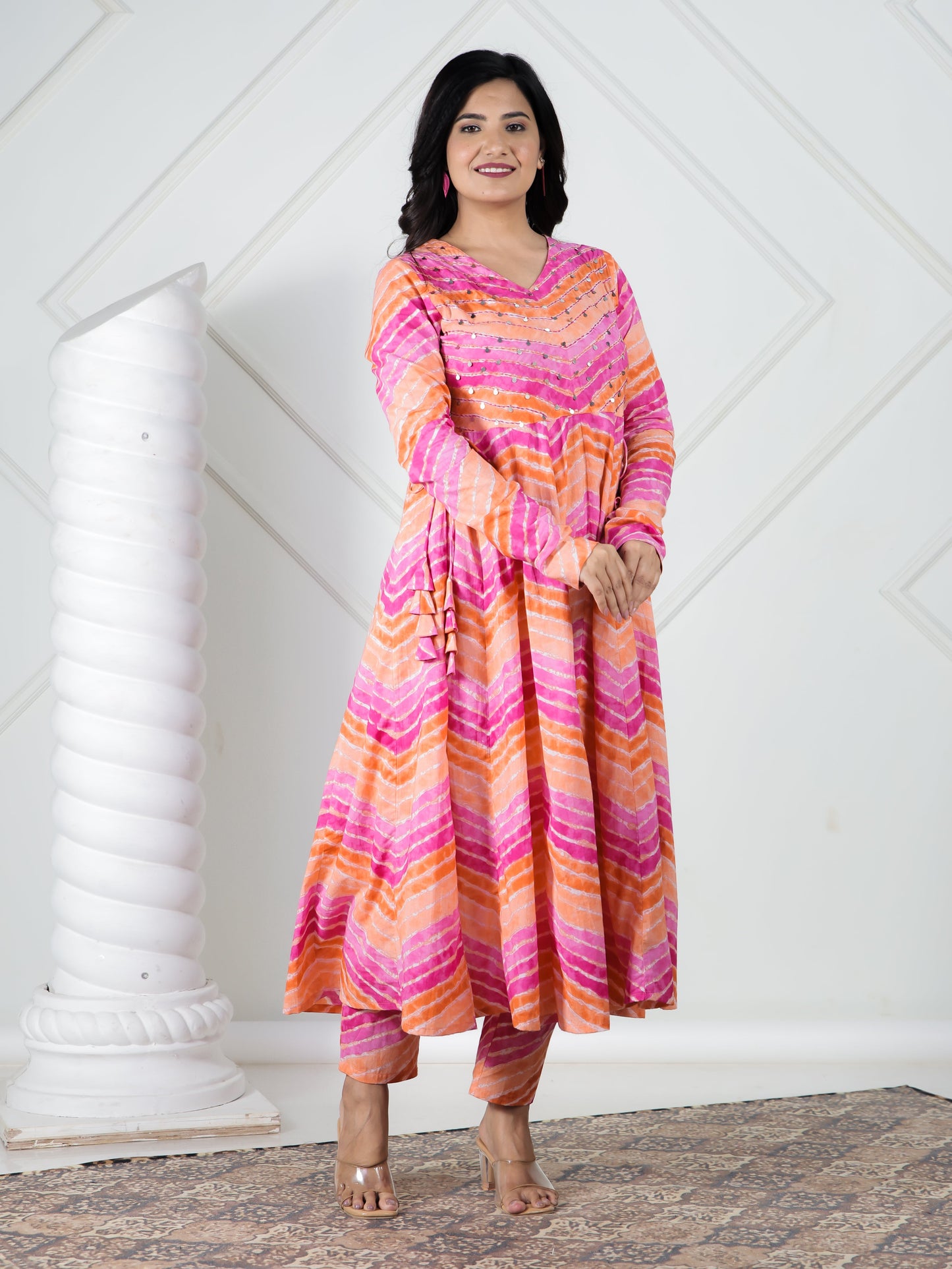 Embroidered Soft Cotton Leheriya Anarkali Multicolor Kurta