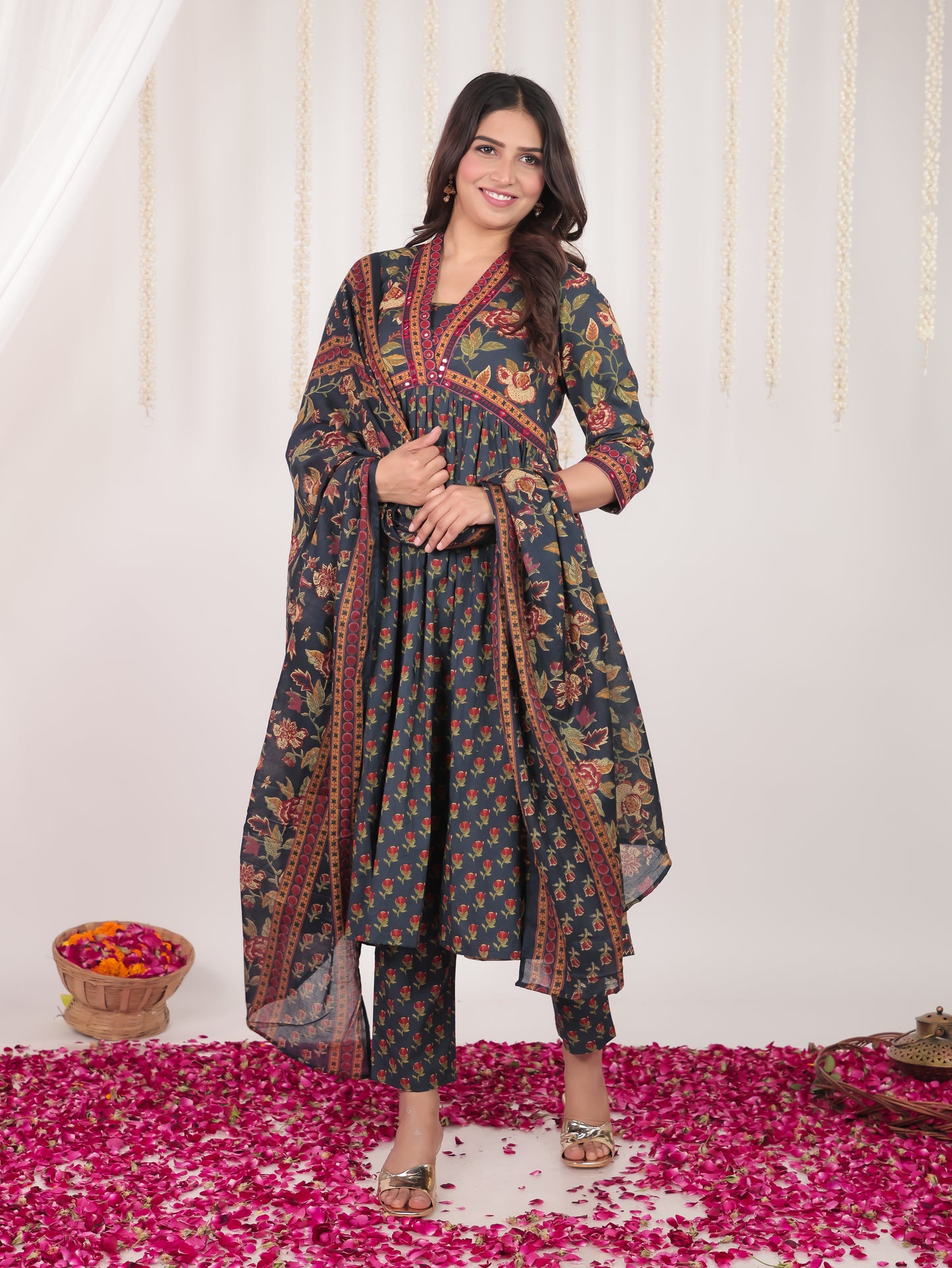 Embroidered Soft Cotton Bandhani Anarkali Blue Kurta