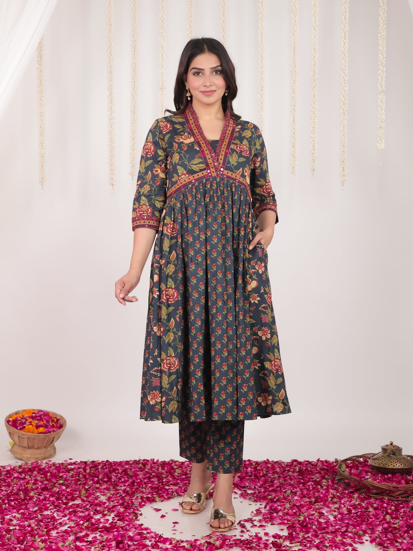 Embroidered Soft Cotton Bandhani Anarkali Blue Kurta