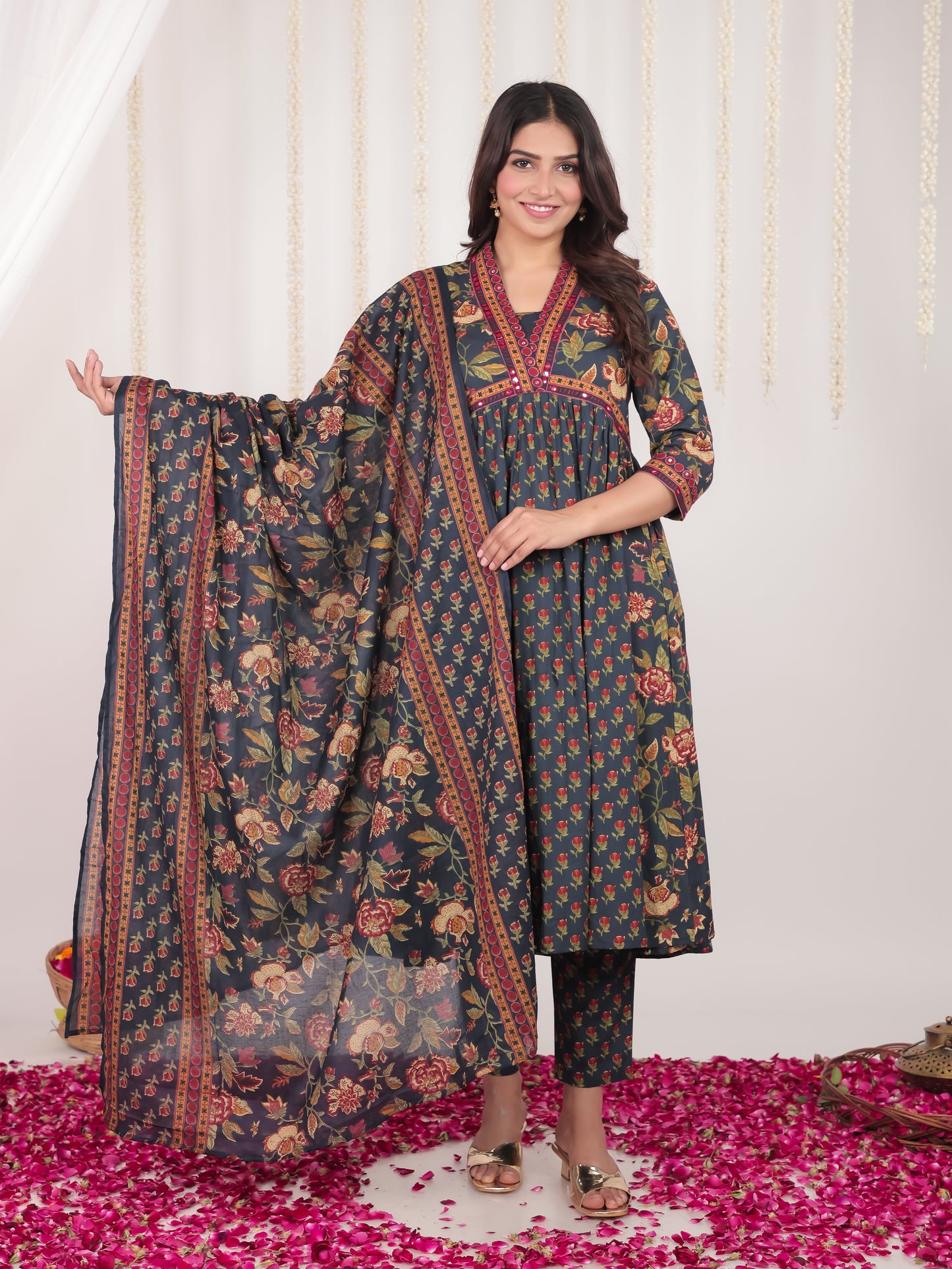 Embroidered Soft Cotton Bandhani Anarkali Blue Kurta