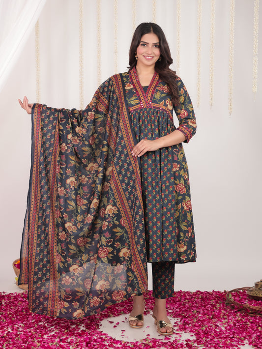 Embroidered Soft Cotton Bandhani Anarkali Blue Kurta