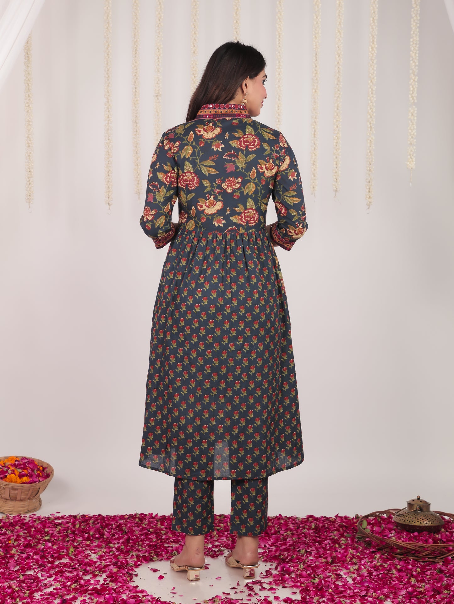 Embroidered Soft Cotton Bandhani Anarkali Blue Kurta