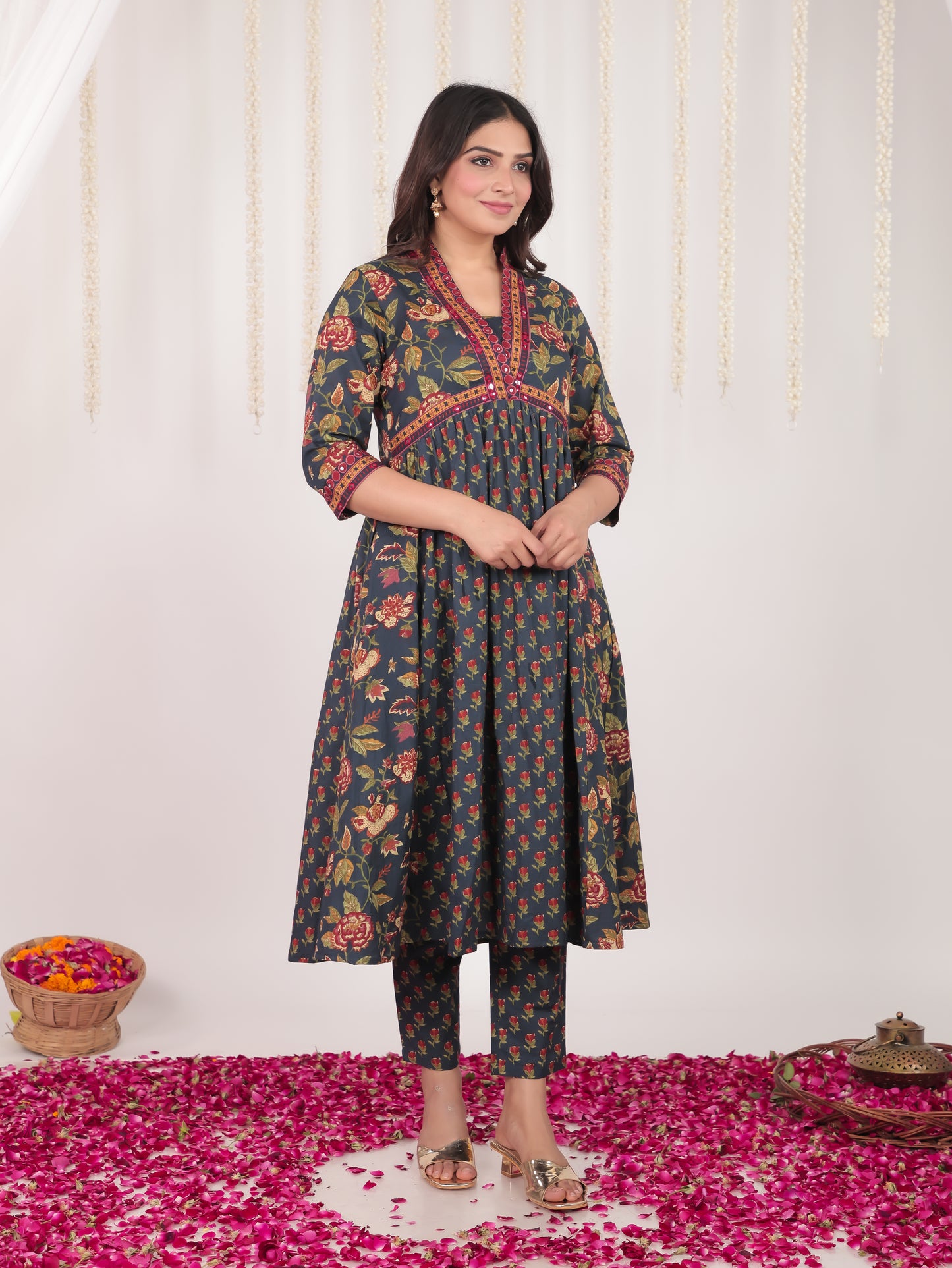 Embroidered Soft Cotton Bandhani Anarkali Blue Kurta