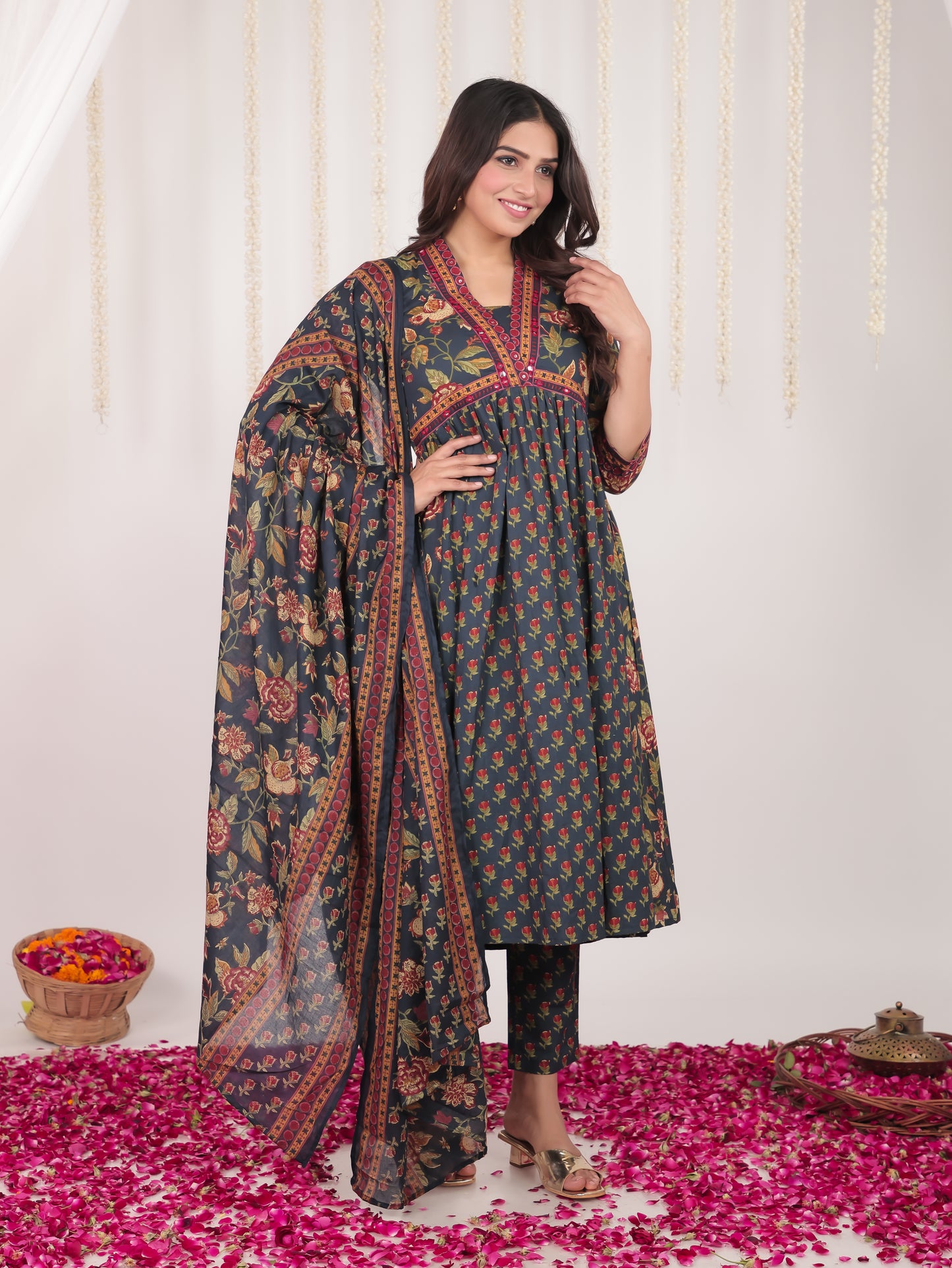 Embroidered Soft Cotton Bandhani Anarkali Blue Kurta