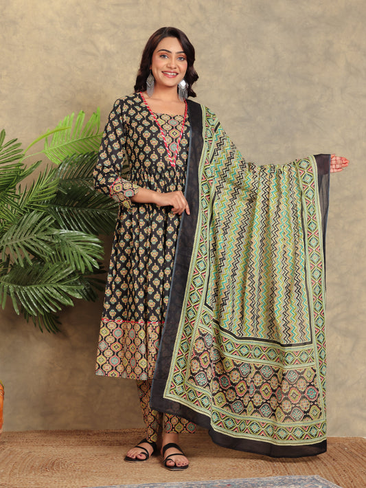 Voile Cotton Geometric Black Dupatta