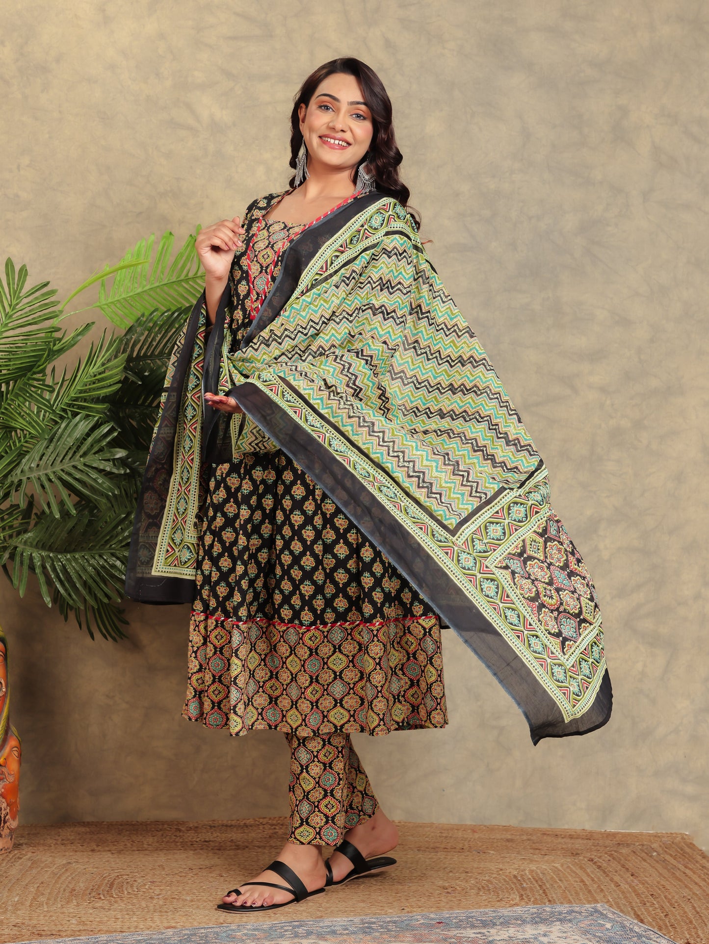 Embroidered Soft Cotton Floral Anarkali Black Kurta
