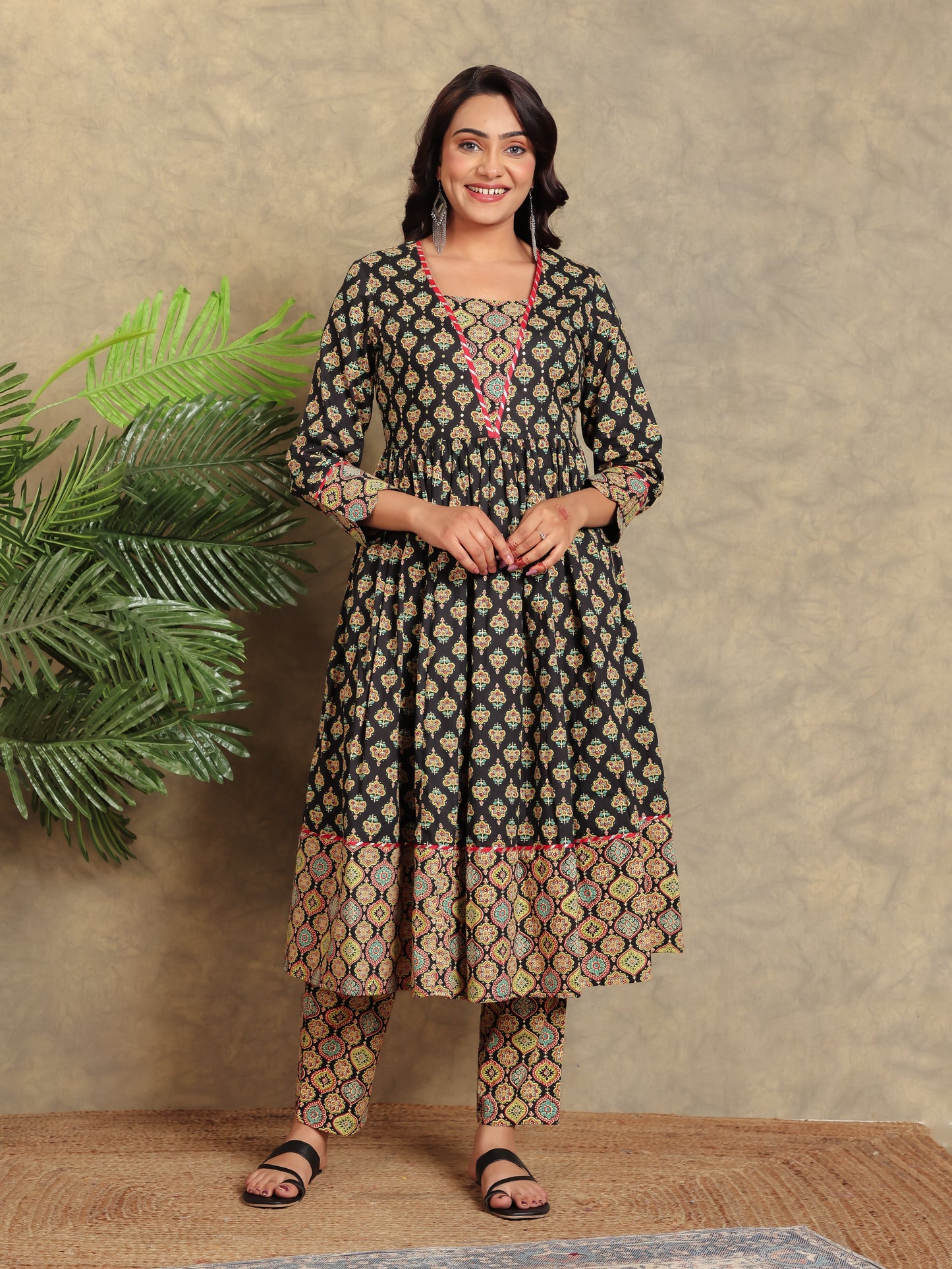 Embroidered Soft Cotton Floral Anarkali Black Kurta