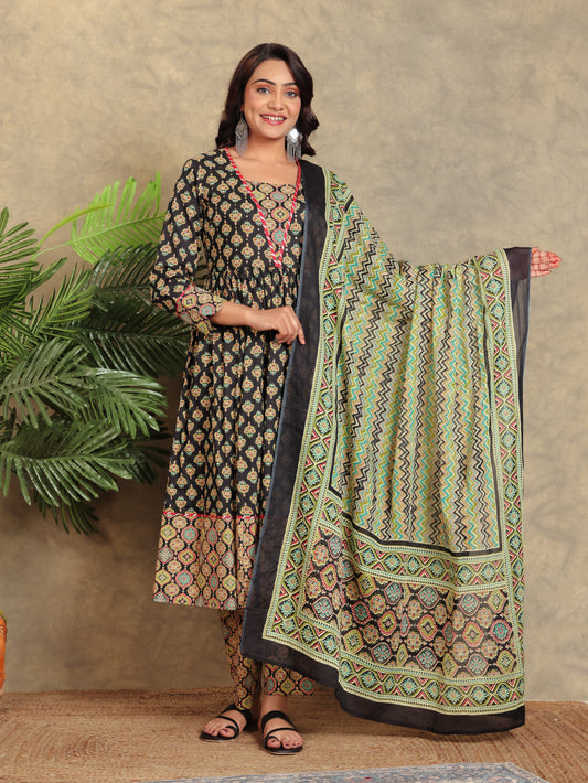 Embroidered Soft Cotton Floral Anarkali Black Kurta